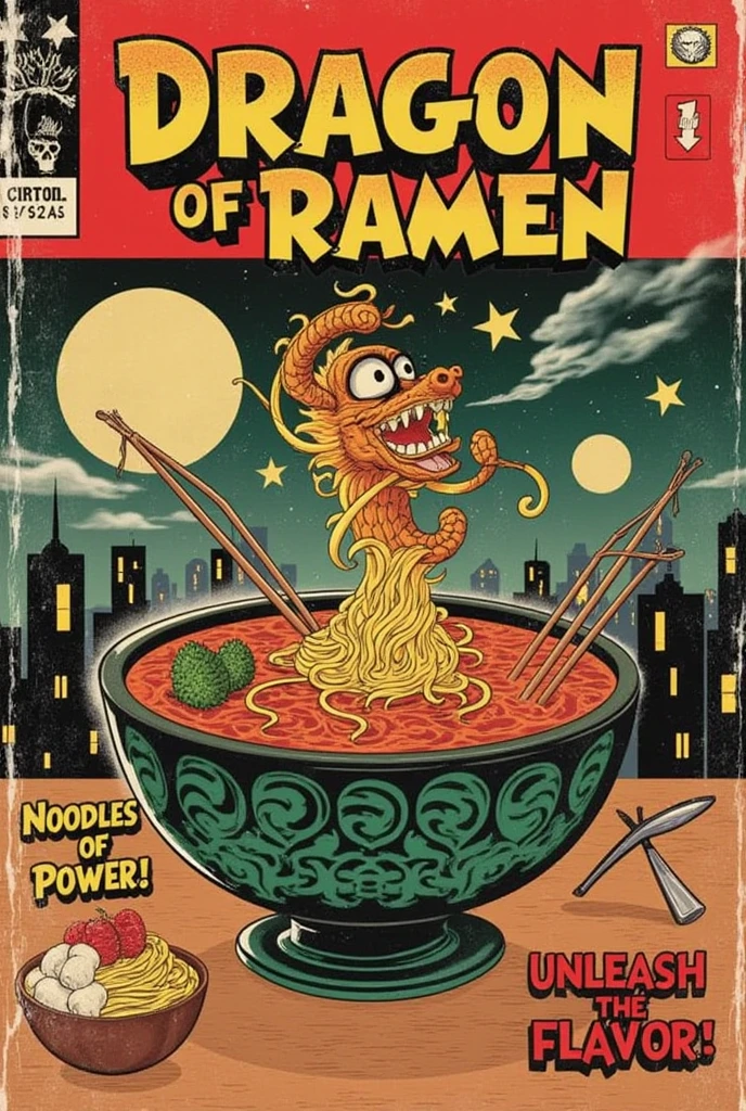 Vintage comic book cover in the style of the 1940s, featuring an imaginative scene of a giant bowl of ramen sitting on a wooden table, with steaming noodles swirling upward in the shape of a fierce dragon. The dragon, crafted entirely from the golden, twisting noodles, has an expressive face, with fiery red eyes and a snarl that seems alive. Surrounding the bowl are chopsticks, poised in mid-air, as if ready to capture the dragon. In the background, a vibrant, stylized cityscape filled with neon lights and swirling clouds adds a fantastical touch, blending urban life with myth.

The title at the top reads 'DRAGON OF RAMEN!' in bold, retro-style lettering, while smaller captions proclaim 'Noodles of Power!' and 'Unleash the Flavor!' in dynamic, jagged fonts. The colors are rich and eye-catching, featuring deep reds, vibrant yellows, and lush greens, with a slightly distressed texture to evoke the classic comic feel. The edges of the cover are frayed, enhancing the vintage aesthetic, while whimsical details like tiny stars and animated steam clouds create a lively atmosphere, emphasizing the fusion of culinary delight and mythical adventure.