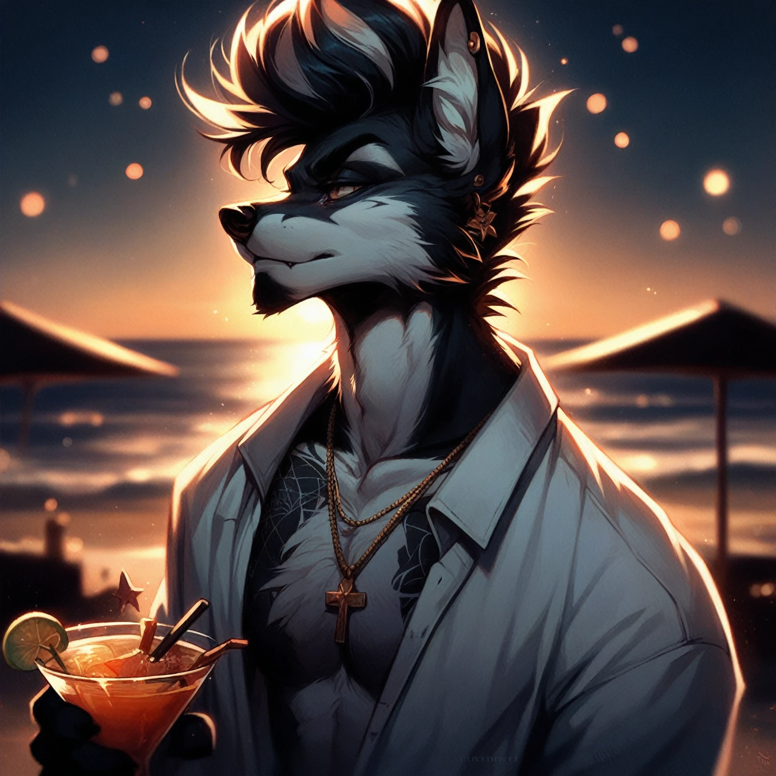 first, flat, Artistic, DETAILED: of a fox, adult, Alone,  body tattoos , with Pompadoúr , with open shirt,  standing on a beach with low backlight.