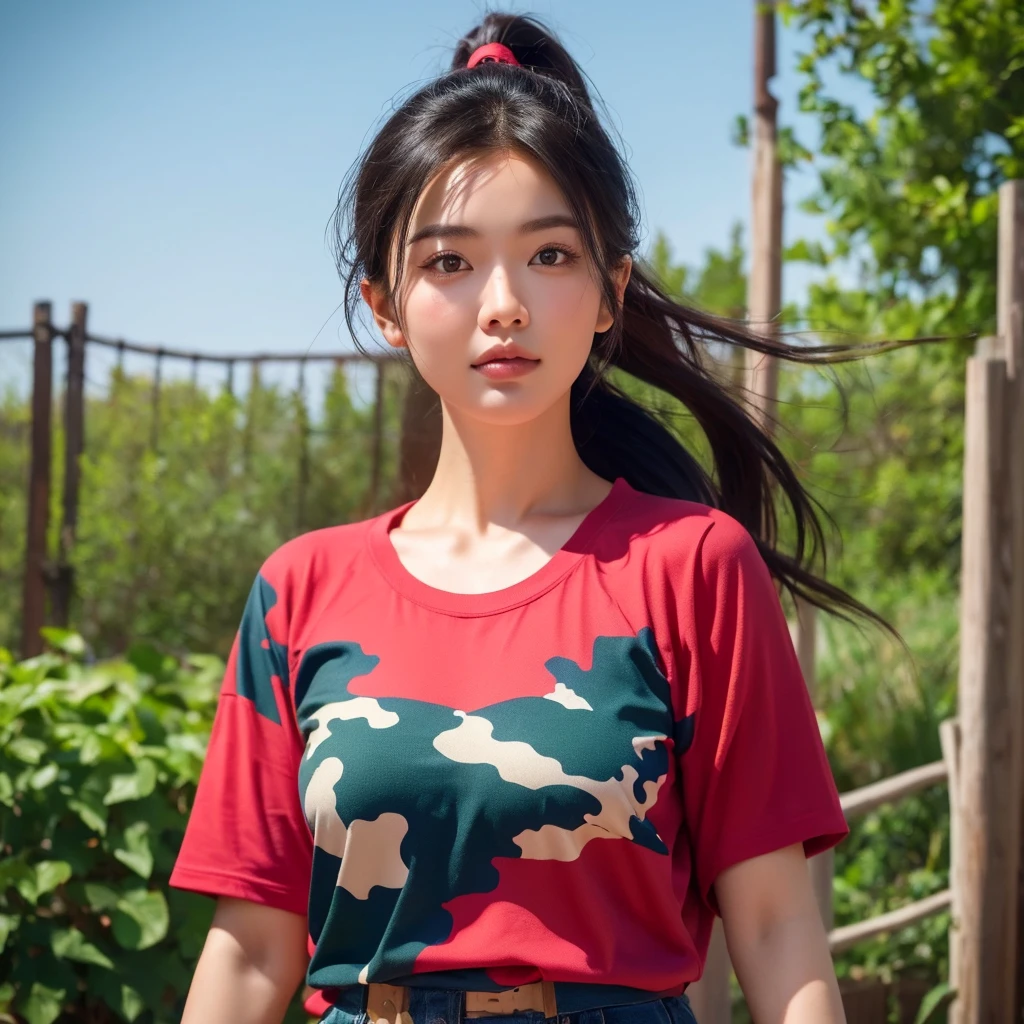 "Create realistic digital images of,Asian woman with a round face, Glowing Pink Body , Red cheeksอมชมพู, Black hair,Ponytail,A 2 meter long scissor baggy hair ,My hair flutters in the wind., Red cheeks,  wearing a blue-white camouflage T-shirt ,  with black lettering. The scene is outdoor, with a green background, and she is standing in front of a fence or a wooden wall. The atmosphere is serene and intimate by Natural light enhances the soft look and gives it a refreshing and approachable feel."High quality photos, 3d, 16k, Portrait photography, การถ่ายmovies, movies, 