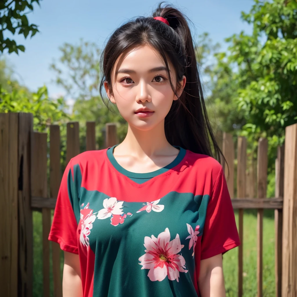 "Create realistic digital images of,Asian woman with a round face, Glowing Pink Body , Red cheeksอมชมพู, Black hair,Ponytail,A 2 meter long scissor baggy hair ,My hair flutters in the wind., Red cheeks,  wearing a blue-white camouflage T-shirt ,  with black lettering. The scene is outdoor, with a green background, and she is standing in front of a fence or a wooden wall. The atmosphere is serene and intimate by Natural light enhances the soft look and gives it a refreshing and approachable feel."High quality photos, 3d, 16k, Portrait photography, การถ่ายmovies, movies, 