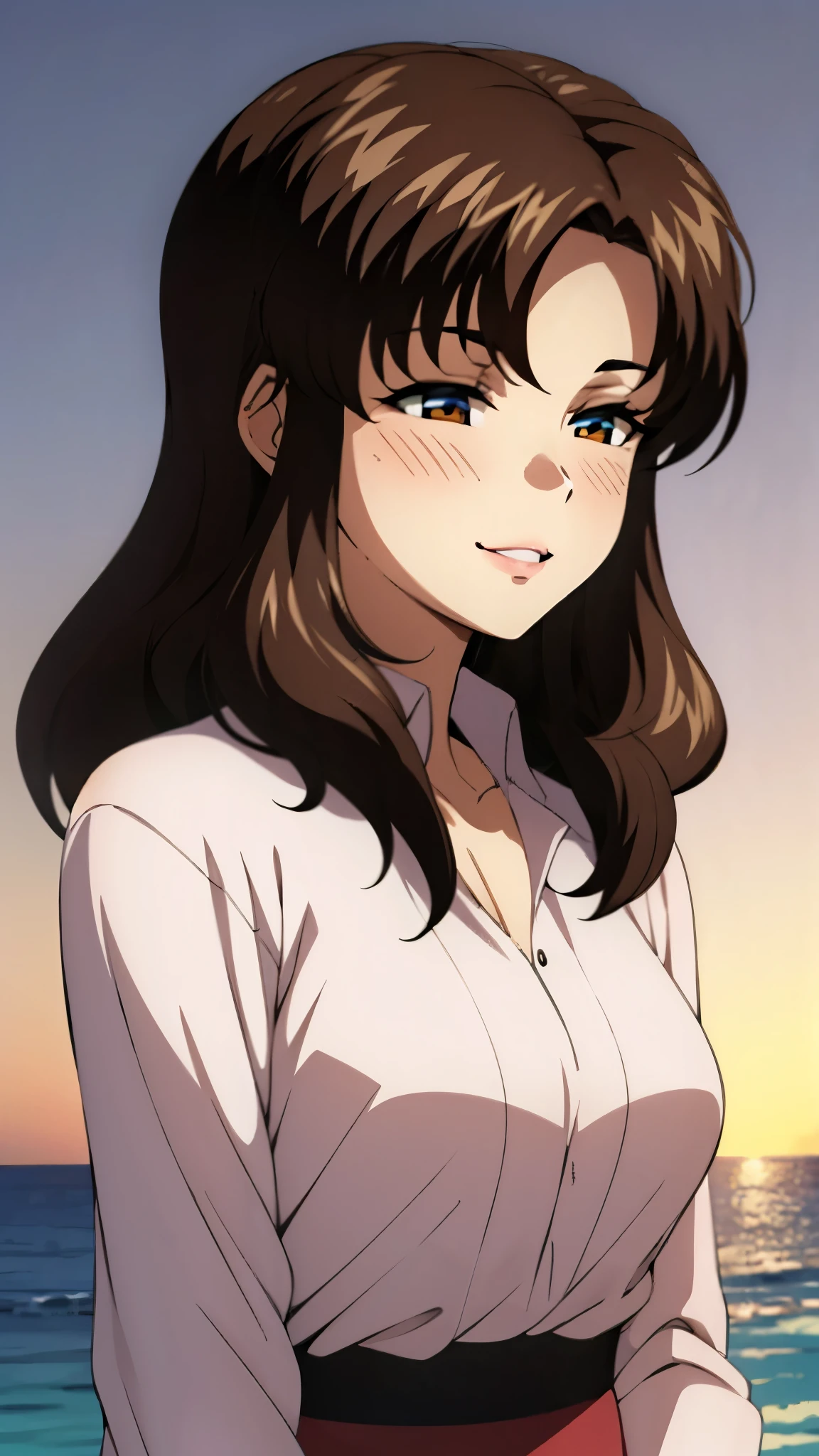 （super high quality, super high resolution ,16k,super masterpiece,Ultra HD ,Detailed shading and background,）Upper body photo,One sexy mature woman,long brown hair ,（Long-sleeved pink shirt unbuttoned and unfolded, red pencil skirt,）Open your lips a little,smile,blush, ocean background with a view of the sunset,Hair lifted by the wind,Hold your hair with your hands,