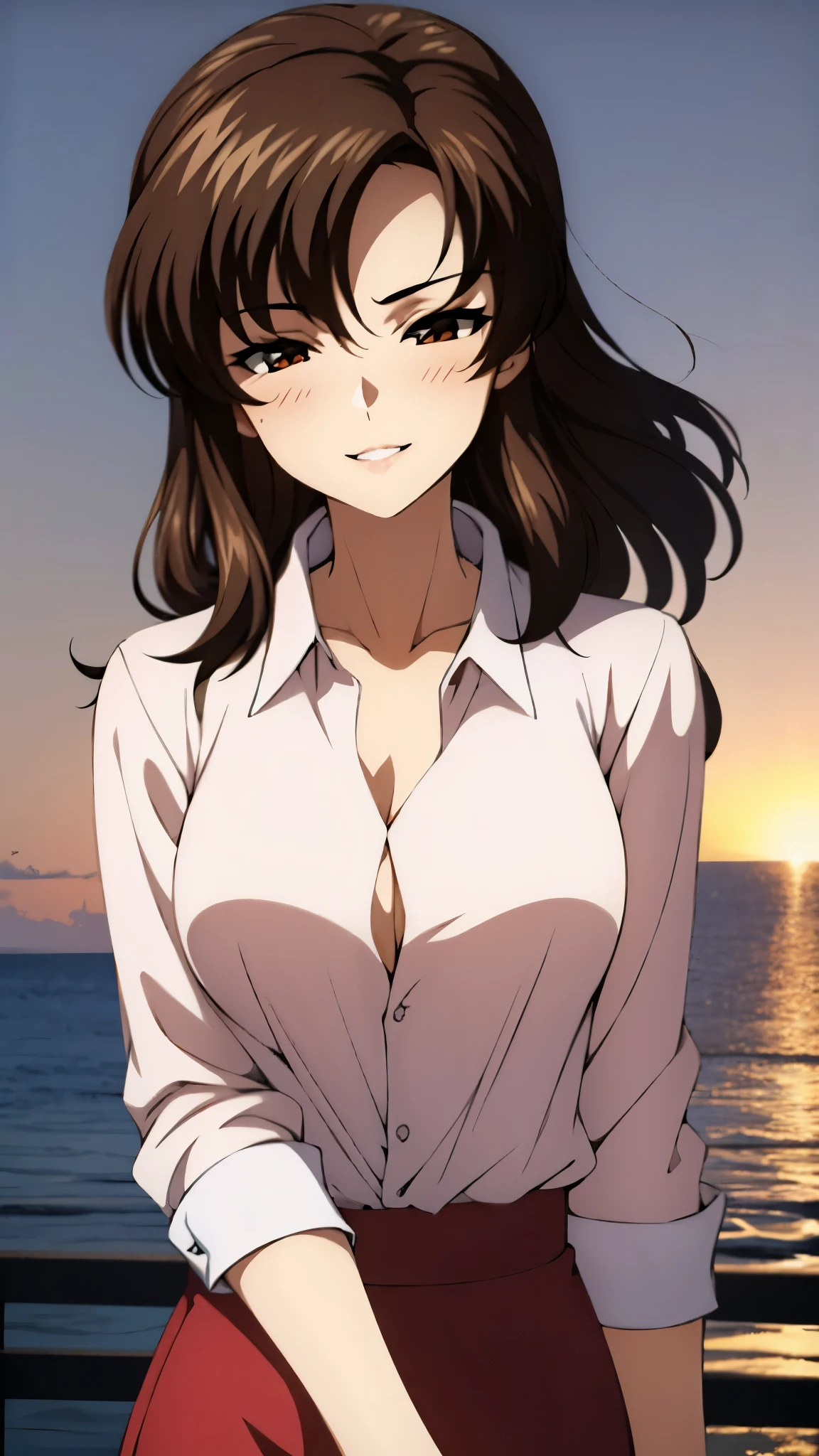 （super high quality, super high resolution ,16k,super masterpiece,Ultra HD ,Detailed shading and background,）Upper body photo,One sexy mature woman,long brown hair ,（Long-sleeved pink shirt unbuttoned and unfolded, red pencil skirt,）Open your lips a little,smile,blush, ocean background with a view of the sunset,Hair lifted by the wind,Hold your hair with your hands,