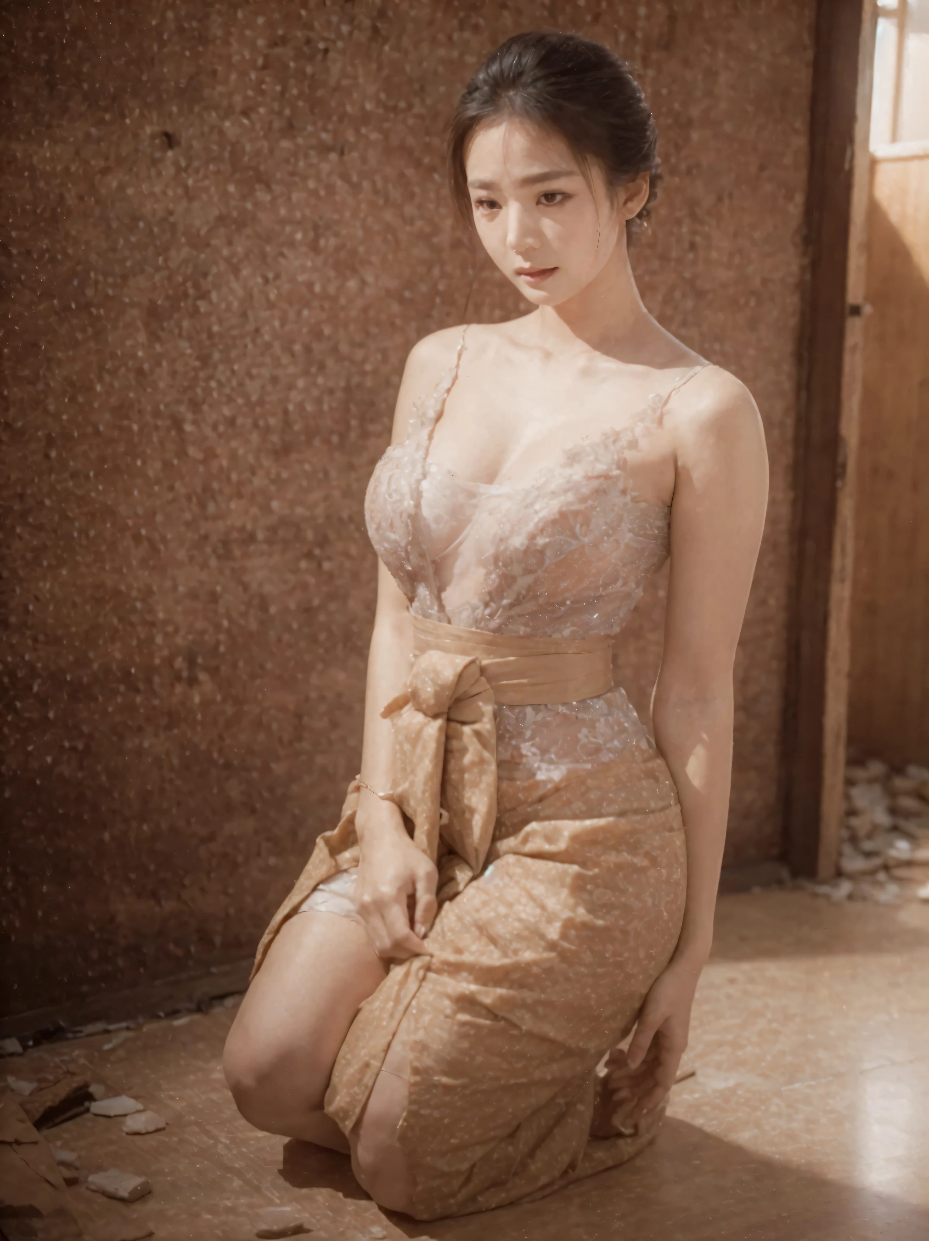  masterpiece, 8k, extremely detailed, ultra high definition, a korean woman kneeling ib abandoned house, seiza, broken building, dark sky, beautiful, realistic skin, highly detailed face and skin texture, perfect body, kebaya dress, sarong, sunglasses, shy pose