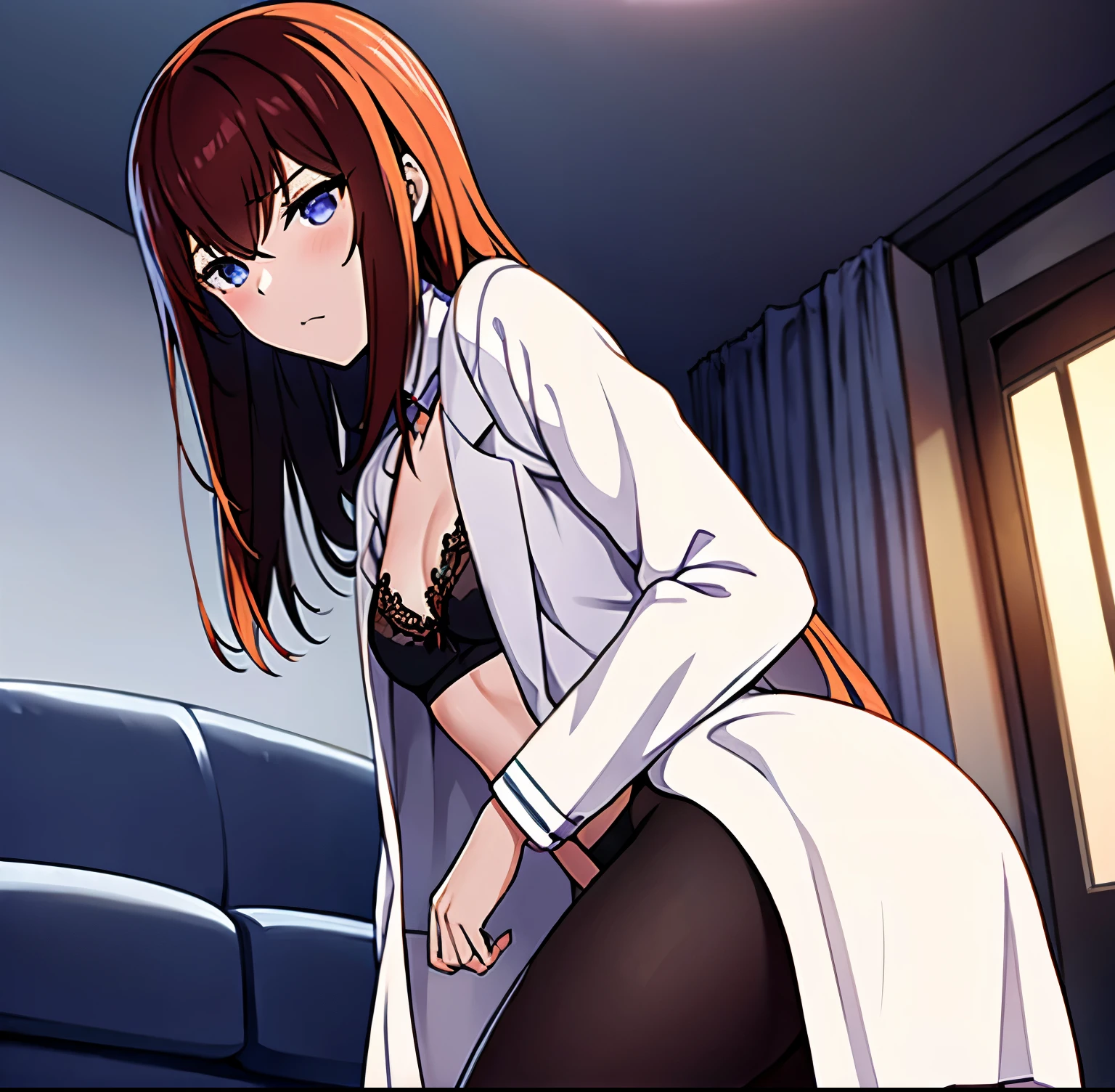 ((1 girl)),((single)), makise kurisu,((Extremely detailed CG unity 4k wallpaper)),(Masterpiece),(ultra quality),(Ultra detailed),(high illustration),( best shadow),(extremely detailed),(best resolution),(absurdity),(detailed background),(dynamic pose),(cowboy shot),medium breasts, narrow waist, wide hips, medium thighs, round butt, hair reddish brown, long, violet blue eyes, serious face, stoic expression, blushing, small smile, , Beautiful detailed eyes, looking at viewer, suductive gaze, partially nude:1.3, white lab coat, open gown, black underwear, black bra, navel , black panties with lace, black pantyhose, nail polish,((only)), closed mouth, Backlit,((standing:1.4,indoor, sofa, apartment, room, living room, window, urban background, night, street lights the city, thinking about the future)), looking back, from behind, ((focus on ass)), pov: (from below), perfect anatomy, perfect hands