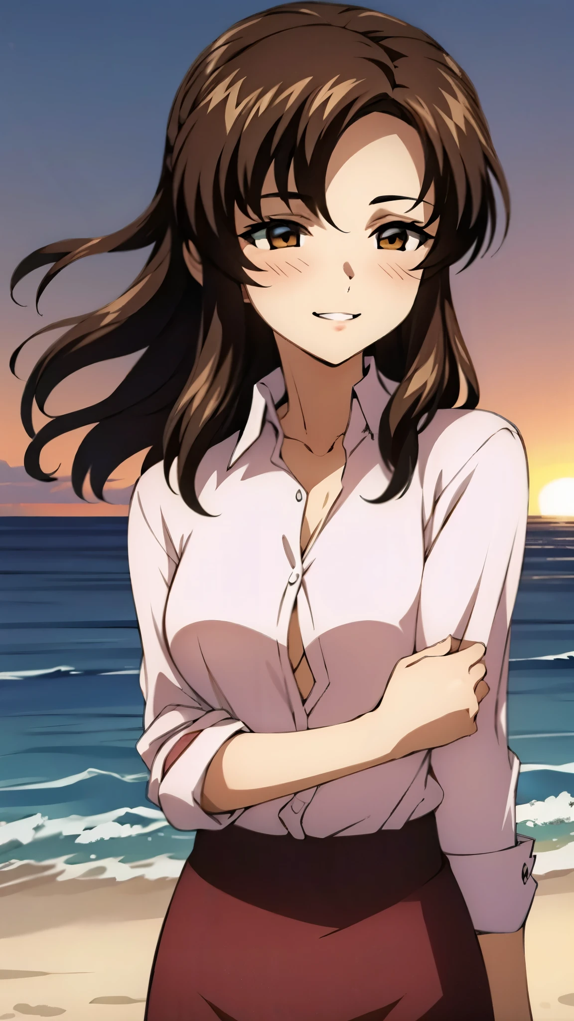 （super high quality, super high resolution ,16k,super masterpiece,Ultra HD ,Detailed shading and background,）Upper body photo,One sexy mature woman,long brown hair ,（Long-sleeved pink shirt unbuttoned and unfolded, red pencil skirt,）Open your lips a little,smile,blush, ocean background with a view of the sunset,Hair lifted by the wind,Hold your hair with your hands,