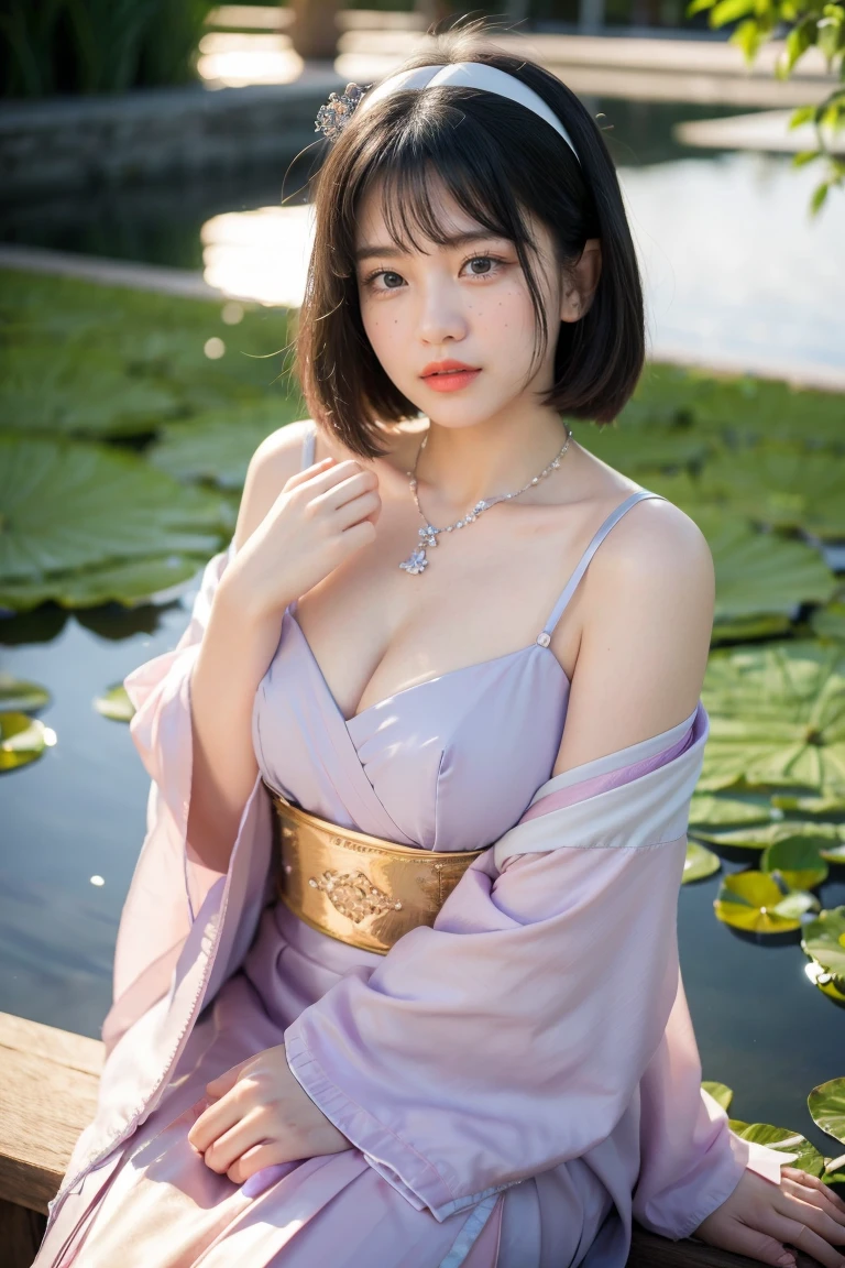 Superb Quality, Masterpiece, High Resolution, 1Girl, Blush, (Seductive Smile: 0.8), Star Pupil, Chinese Hanfu Lilac, Hair Accessories, Necklace, Jewelry, Beauty, on_body, Tyndall Effect, Realism, Lotus Pond, Light Edge, Two-tone Lighting, (High Detail Skin: 1.2), 8K UHD, DSLR, Soft Light, High Quality, Volume Lighting, Candid Photo, High Resolution, 4K, 8K, Background Bokeh