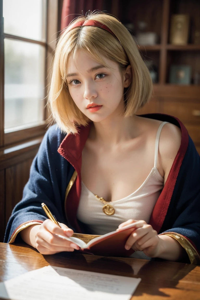 (Masterpiece: 1.2, Best Quality), Realistic, (Realistic Picture, Complex Details, Depth of Field), Best Quality, Masterpiece, Highly Detailed, Semi Realistic, 1 Girl, Mature Female, 21 Years Old, Blond Short Hair, Left Eye Covered with Hair, Blue Eyes, King's Clothes, Red Cloak, Slim Figure, Crown Made of Precious Gold, Reading and Marking Documents, Goose Hair Pen, Office Table, Soft Bench