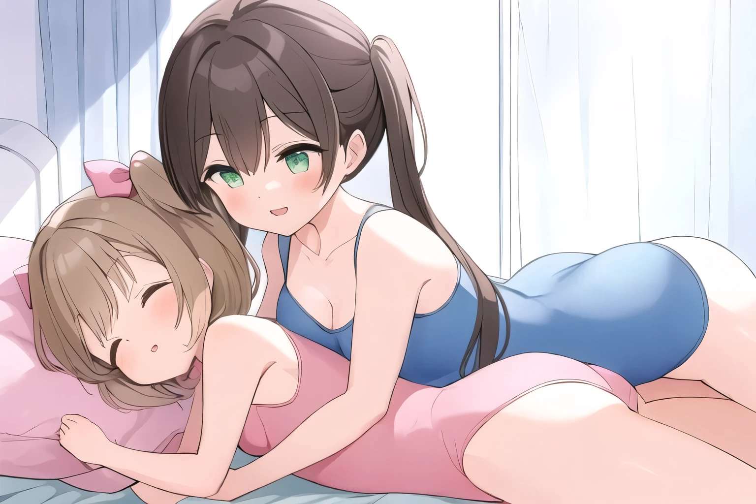 an drawing of a cute cartoon character laying in bed with another cartoon girl, multiple girls, 2girls, breasts, lying, on stomach, curtains, brown hair, closed eyes, one-piece swimsuit, pillow, green eyes, ass, smile, cleavage, long hair, twintails, blush, swimsuit, bangs, bare arms, indoors, parted lips, leotard, blue one-piece swimsuit, bare shoulders, hair bow, bow, medium breasts, yuri, pink bow