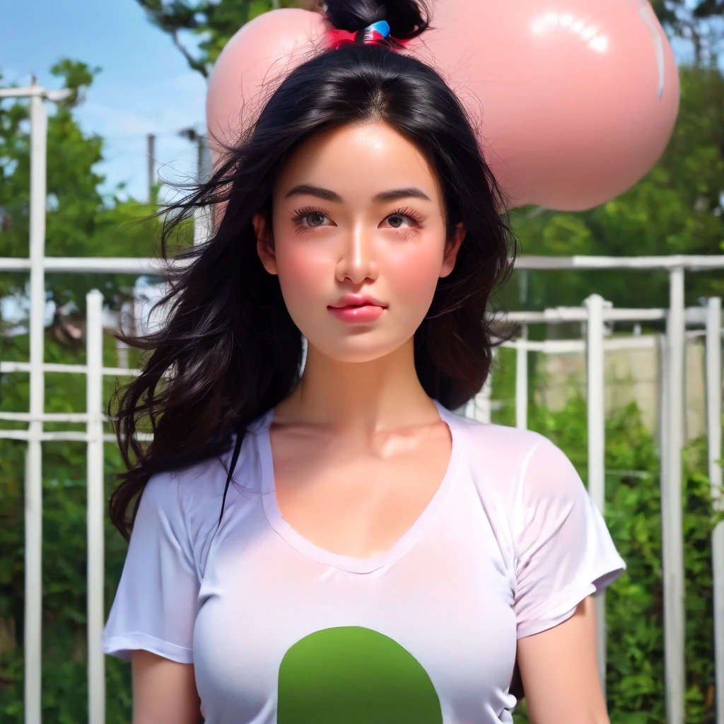 "Create realistic digital images of,Asian woman with a round face, Glowing Pink Body , Red cheeksอมชมพู, Black hair,Ponytail,A 2 meter long scissor baggy hair ,My hair flutters in the wind., Red cheeks,  wearing a blue-white camouflage T-shirt ,  with black lettering. The scene is outdoor, with a green background, and she is standing in front of a fence or a wooden wall. The atmosphere is serene and intimate by Natural light enhances the soft look and gives it a refreshing and approachable feel."High quality photos, 3d, 16k, Portrait photography, การถ่ายmovies, movies, 