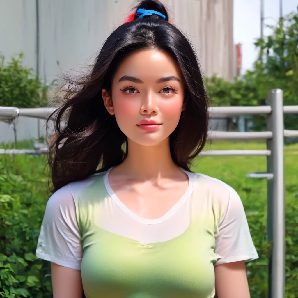 "Create realistic digital images of,Asian woman with a round face, Glowing Pink Body , Red cheeksอมชมพู, Black hair,Ponytail,A 2 meter long scissor baggy hair ,My hair flutters in the wind., Red cheeks,  wearing a blue-white camouflage T-shirt ,  with black lettering. The scene is outdoor, with a green background, and she is standing in front of a fence or a wooden wall. The atmosphere is serene and intimate by Natural light enhances the soft look and gives it a refreshing and approachable feel."High quality photos, 3d, 16k, Portrait photography, การถ่ายmovies, movies, 