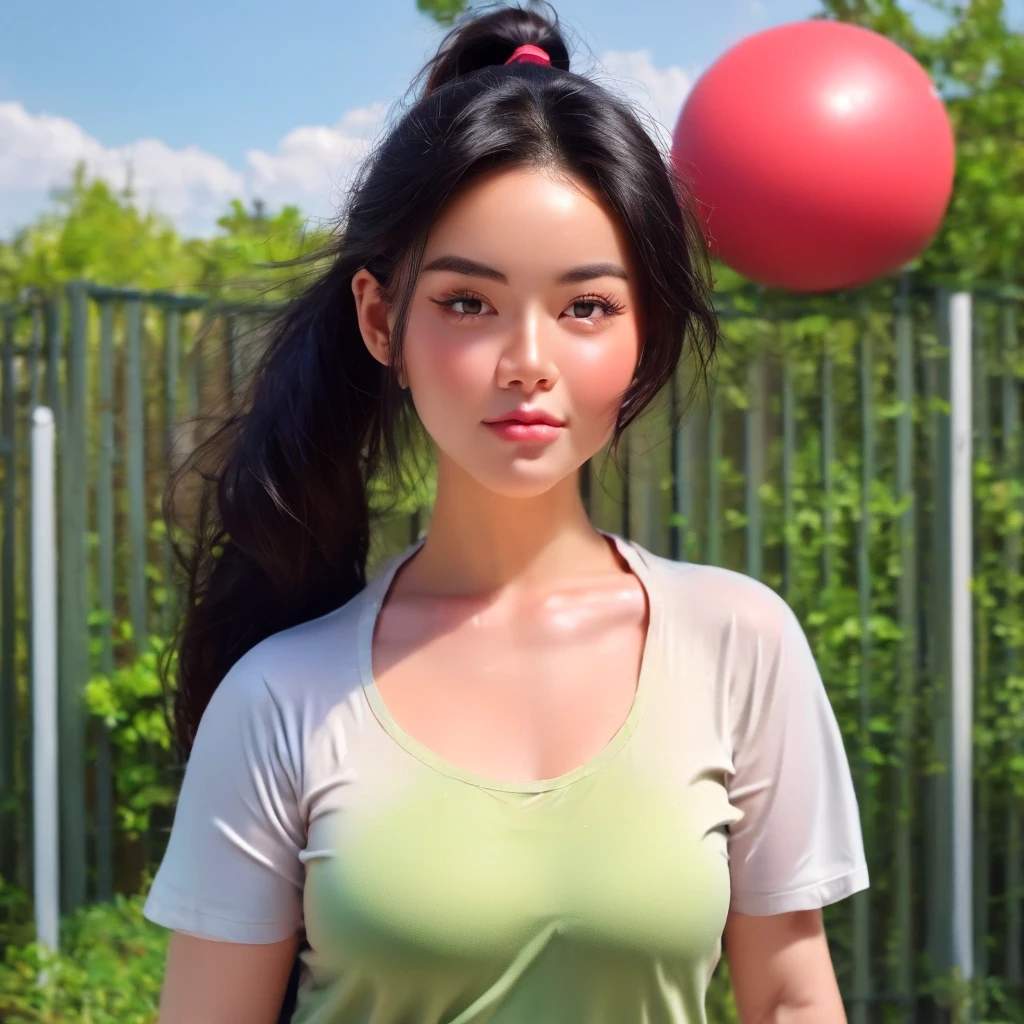 "Create realistic digital images of,Asian woman with a round face, Glowing Pink Body , Red cheeksอมชมพู, Black hair,Ponytail,A 2 meter long scissor baggy hair ,My hair flutters in the wind., Red cheeks,  wearing a blue-white camouflage T-shirt ,  with black lettering. The scene is outdoor, with a green background, and she is standing in front of a fence or a wooden wall. The atmosphere is serene and intimate by Natural light enhances the soft look and gives it a refreshing and approachable feel."High quality photos, 3d, 16k, Portrait photography, การถ่ายmovies, movies, 