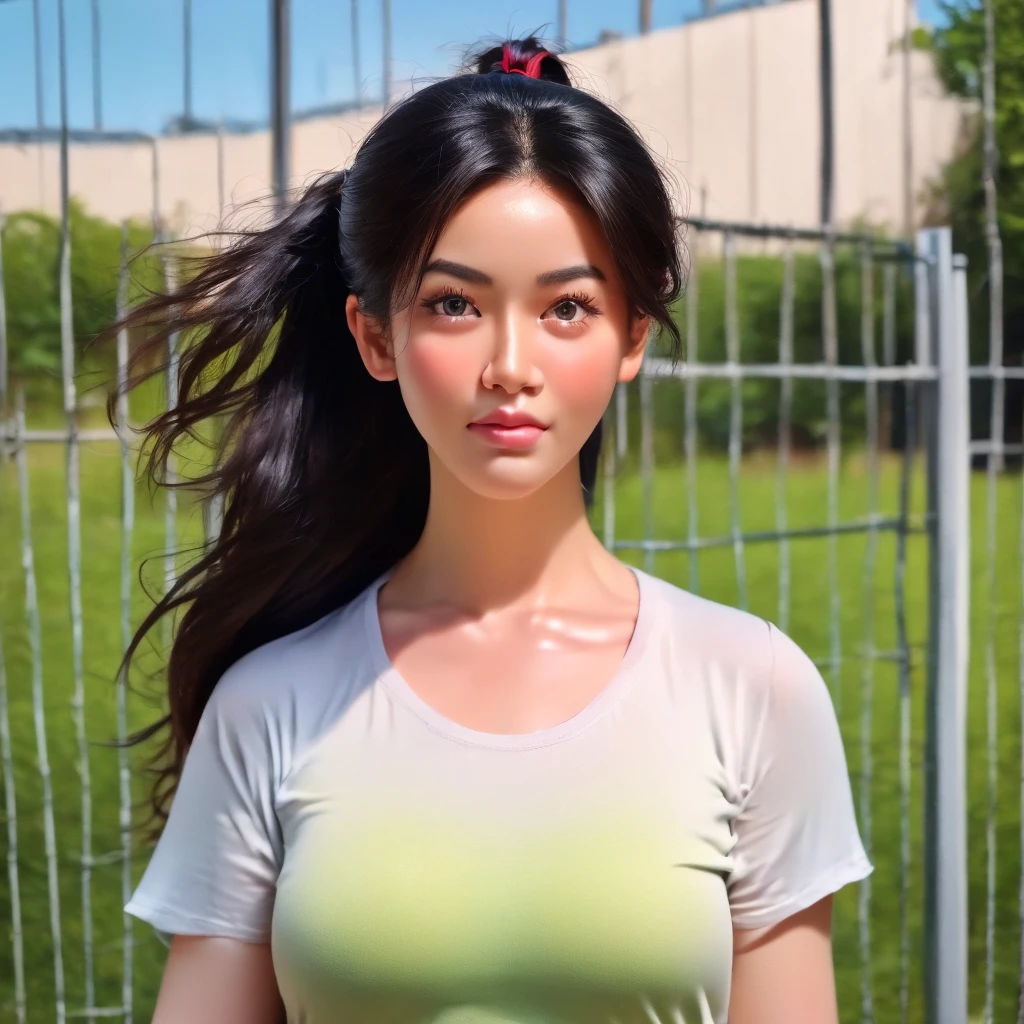 "Create realistic digital images of,Asian woman with a round face, Glowing Pink Body , Red cheeksอมชมพู, Black hair,Ponytail,A 2 meter long scissor baggy hair ,My hair flutters in the wind., Red cheeks,  wearing a blue-white camouflage T-shirt ,  with black lettering. The scene is outdoor, with a green background, and she is standing in front of a fence or a wooden wall. The atmosphere is serene and intimate by Natural light enhances the soft look and gives it a refreshing and approachable feel."High quality photos, 3d, 16k, Portrait photography, การถ่ายmovies, movies, 