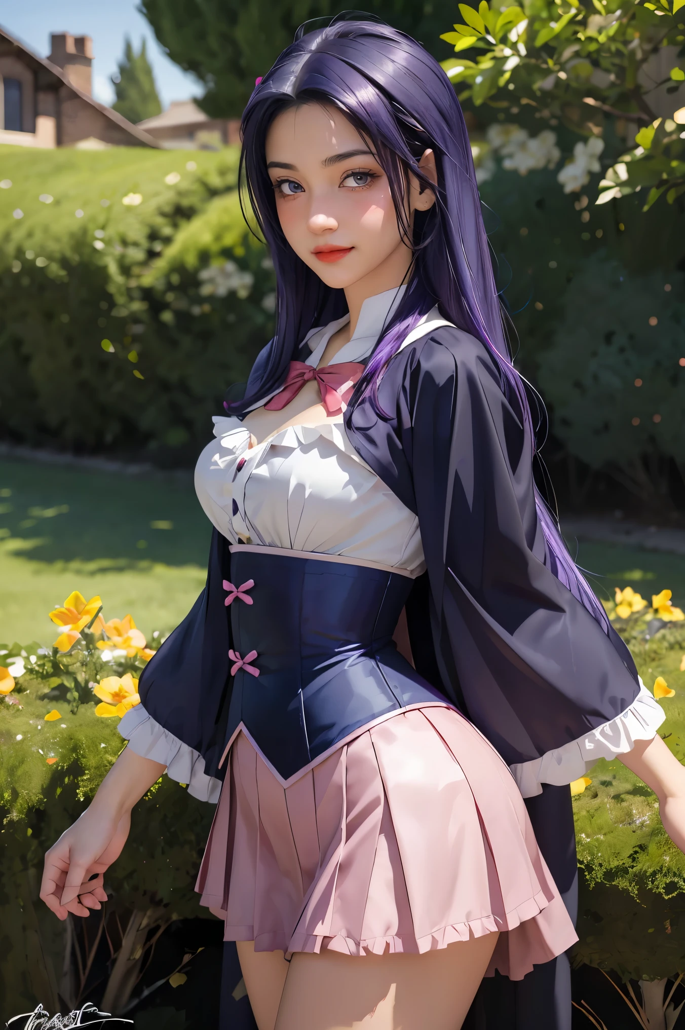 (absurdres, highres, ultra detailed), masterpiece, hinata(boruto), ((solo)), 1girl,medium breasts, long purple victorian style dress, closed mouth, (((long hair))),standing, the bodice and the skirt pattern, frill skirt, lace, blink blink effect, (((detailed lips))), garden, pink and yellow flowers,  ((realistic skin)), glowing skin, ((glossy red lips)), purple eyes, portrait, beautiful, smile, (((dark blue hair))), bust crop, normal skin