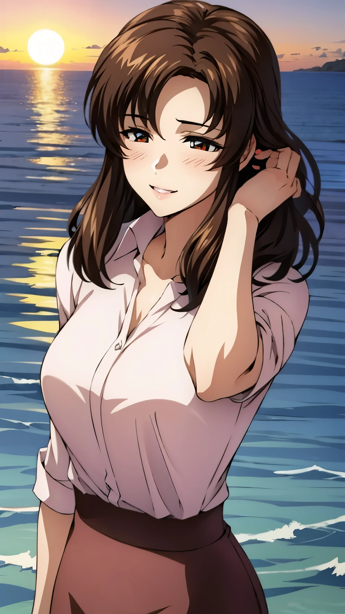 （super high quality, super high resolution ,16k,super masterpiece,Ultra HD ,Detailed shading and background,）Upper body photo,One sexy mature woman,long brown hair ,（Long-sleeved pink shirt unbuttoned and unfolded, red pencil skirt,）Open your lips a little,smile,blush, ocean background with a view of the sunset,Hair lifted by the wind,Hold your hair with your hands,