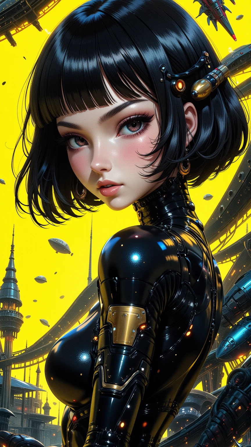 ((best quality)), ((masterpiece)), (detailed), perfect face of cyberpunk mecha japanese girl, shiny black eyes, shiny black body, shiny black hair, ((monochromatic black color palette)), surreal, art nouveau, in the illustrative style of moebius, spaceships, aliens, fantasy, sci-fi, graphic novel, line drawing, french retro, bizarre, gallery worthy, work of uncanny art, goth_punk, Harajuku, bokeh dof, Iridescent eyes, Black shimmering hair, Black eyebrows, Radiant hair, blunt bangs, hair adornments, Look at viewers, short hair, portraitures, side locks, neon yellow background, 
