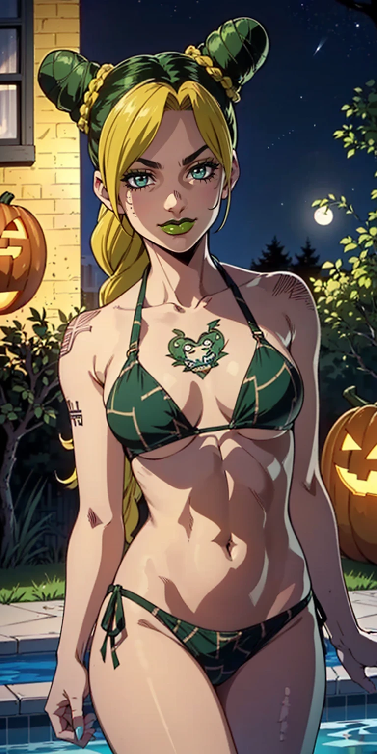 ((Masterpiece, 1girl, solo, alone ((jolyne, Jolyne_Anime, JolynCujoh, colored hair, green hair, yellow hair, hair bun, braided hair, black eyes)), Smug)), ((pink lipstick, Extremely detailed, ambient soft lighting, 4k, perfect eyes, a perfect face, perfect lighting, a 1girl)), ((fitness,, shapely body, athletic body, toned body)), ((red bikini, red bikini, thong, thong bikini, print bikini, , backyard, pool, garden, halloween decoration, halloween pumpkins, trees, grass, bats, stars, smug, smug, red lipstick, night sky, fall, night, stars, full moon, cloulds, smug, red lipstick, smug smile, castle, graffitied wall, graffitied wall))
