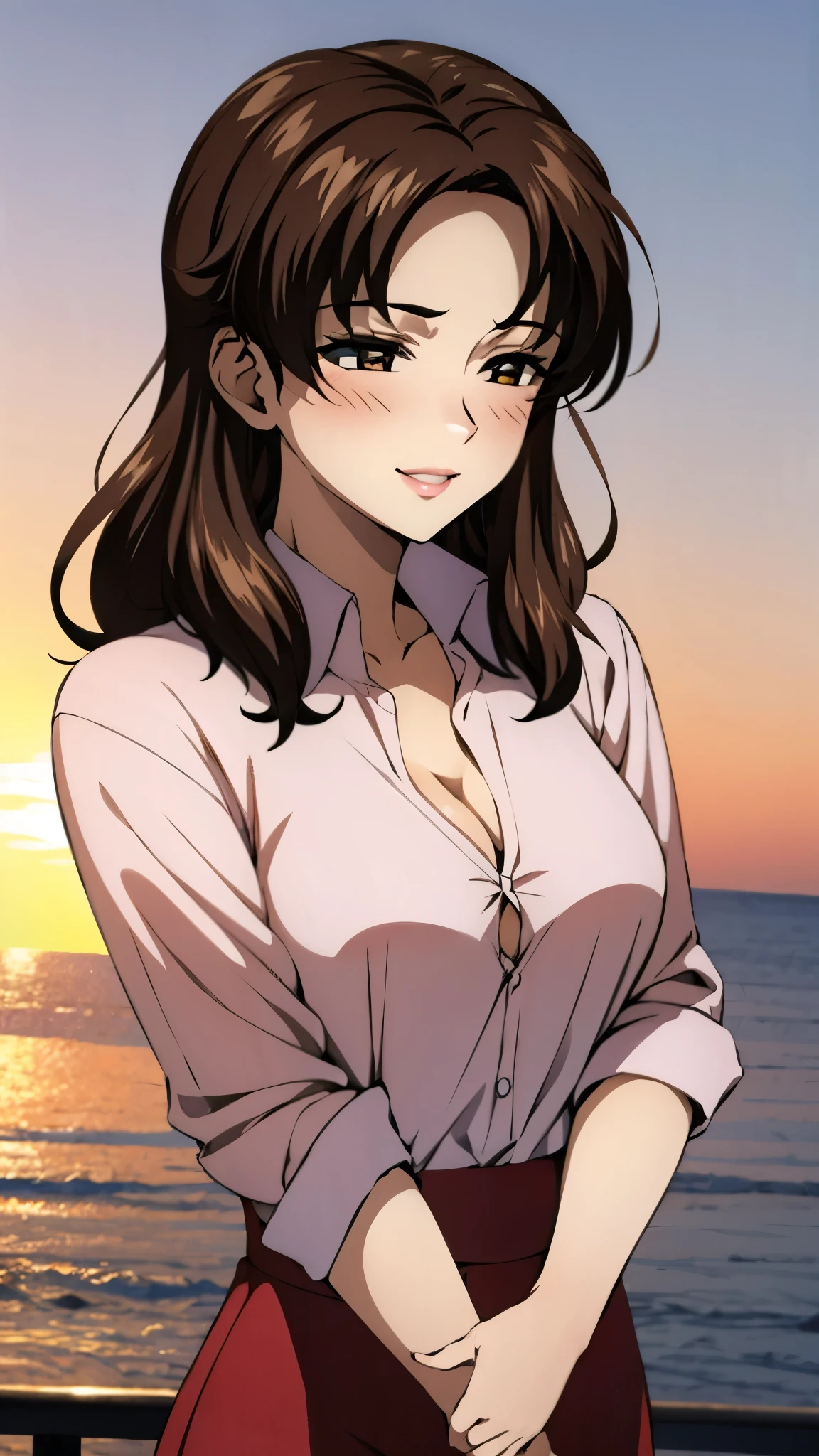 （super high quality, super high resolution ,16k,super masterpiece,Ultra HD ,Detailed shading and background,）Upper body photo,One sexy mature woman,long brown hair ,（Long-sleeved pink shirt unbuttoned and unfolded, red pencil skirt,）Open your lips a little,smile,blush, ocean background with a view of the sunset,Hair lifted by the wind,Hold your hair with your hands,