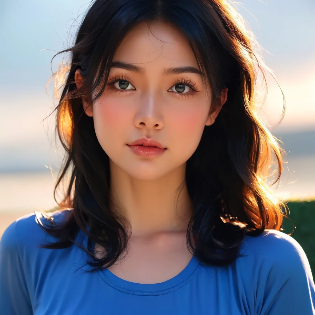 "Create realistic digital images of,Asian woman with a round face, Glowing Pink Body , Red cheeksอมชมพู, Black hair,Ponytail,A 2 meter long scissor baggy hair ,My hair flutters in the wind., Red cheeks,  wearing a blue-white camouflage T-shirt ,  with black lettering. The scene is outdoor, with a green background, and she is standing in front of a fence or a wooden wall. The atmosphere is serene and intimate by Natural light enhances the soft look and gives it a refreshing and approachable feel."High quality photos, 3d, 16k, Portrait photography, การถ่ายmovies, movies, 