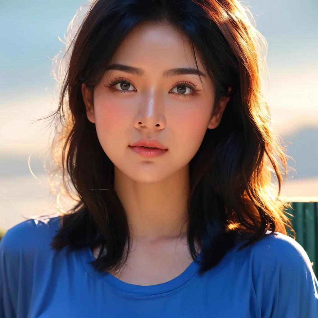 "Create realistic digital images of,Asian woman with a round face, Glowing Pink Body , Red cheeksอมชมพู, Black hair,Ponytail,A 2 meter long scissor baggy hair ,My hair flutters in the wind., Red cheeks,  wearing a blue-white camouflage T-shirt ,  with black lettering. The scene is outdoor, with a green background, and she is standing in front of a fence or a wooden wall. The atmosphere is serene and intimate by Natural light enhances the soft look and gives it a refreshing and approachable feel."High quality photos, 3d, 16k, Portrait photography, การถ่ายmovies, movies, 