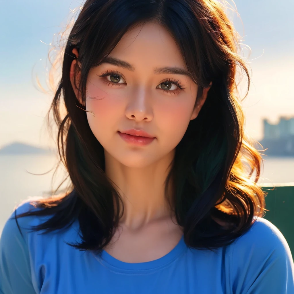 "Create realistic digital images of,Asian woman with a round face, Glowing Pink Body , Red cheeksอมชมพู, Black hair,Ponytail,A 2 meter long scissor baggy hair ,My hair flutters in the wind., Red cheeks,  wearing a blue-white camouflage T-shirt ,  with black lettering. The scene is outdoor, with a green background, and she is standing in front of a fence or a wooden wall. The atmosphere is serene and intimate by Natural light enhances the soft look and gives it a refreshing and approachable feel."High quality photos, 3d, 16k, Portrait photography, การถ่ายmovies, movies, 