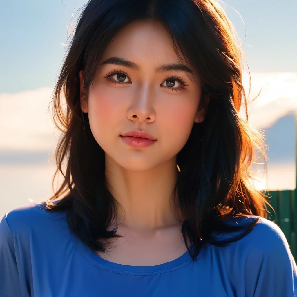 "Create realistic digital images of,Asian woman with a round face, Glowing Pink Body , Red cheeksอมชมพู, Black hair,Ponytail,A 2 meter long scissor baggy hair ,My hair flutters in the wind., Red cheeks,  wearing a blue-white camouflage T-shirt ,  with black lettering. The scene is outdoor, with a green background, and she is standing in front of a fence or a wooden wall. The atmosphere is serene and intimate by Natural light enhances the soft look and gives it a refreshing and approachable feel."High quality photos, 3d, 16k, Portrait photography, การถ่ายmovies, movies, 