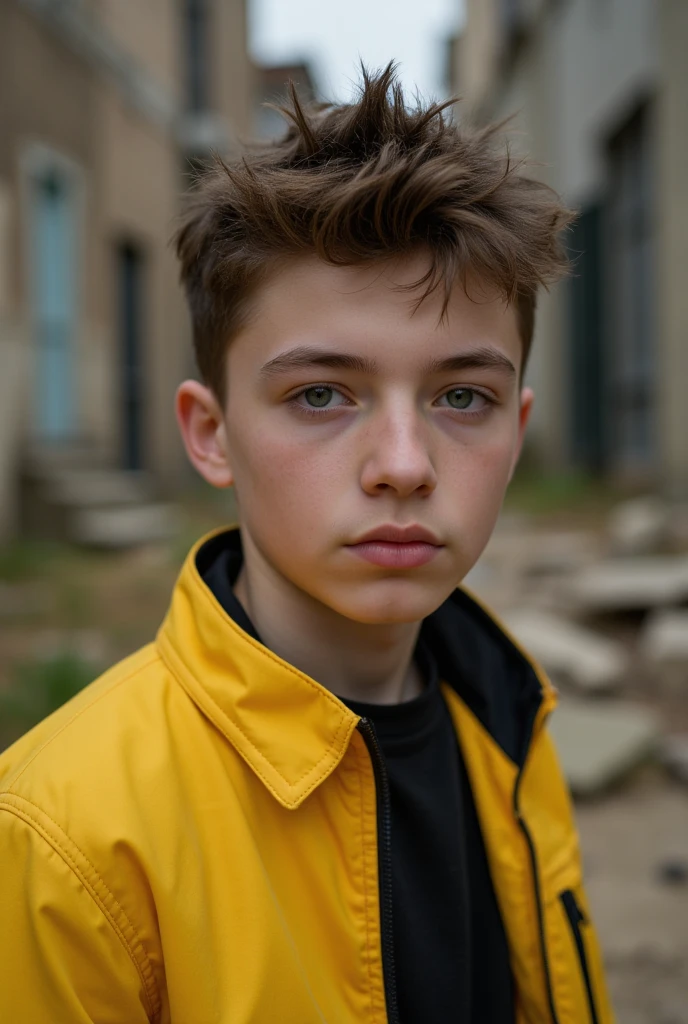 RAW photos, 20 year old close-up portrait .o 1 boy , Solitary, actual,The shirt,jaket, Cyberpunk, Spiked hairstyle,Brown hair, yellow jaket, The background is a city ruins , ( highdetailskin:1.2), 8K UHD, Digital SLR Camera, gentle illumination , high qulity, filmgrain, FUJI XT3, very detailed background