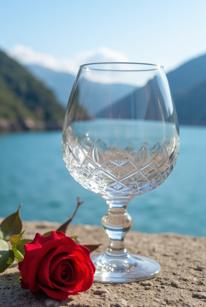Sunlight in the crystal glass on the seaside, With mountains as a backdrop, Regular classical shaped glass, Open from above, hereinafter, Next to the glass, It's a red rose, High quality realistic photography