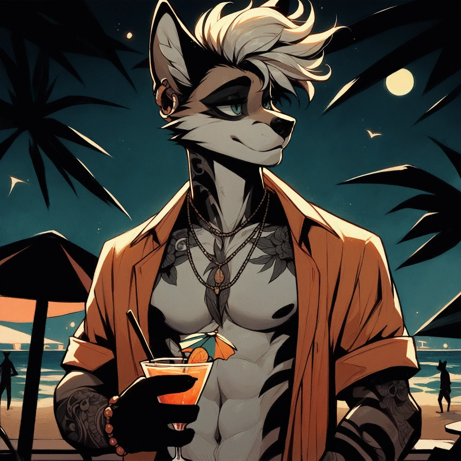 first, flat, Artistic, DETAILED: of a fox, adult, Alone,  body tattoos , with Pompadoúr , with open shirt, standing,  holding a cocktail , on a beach with low backlight.