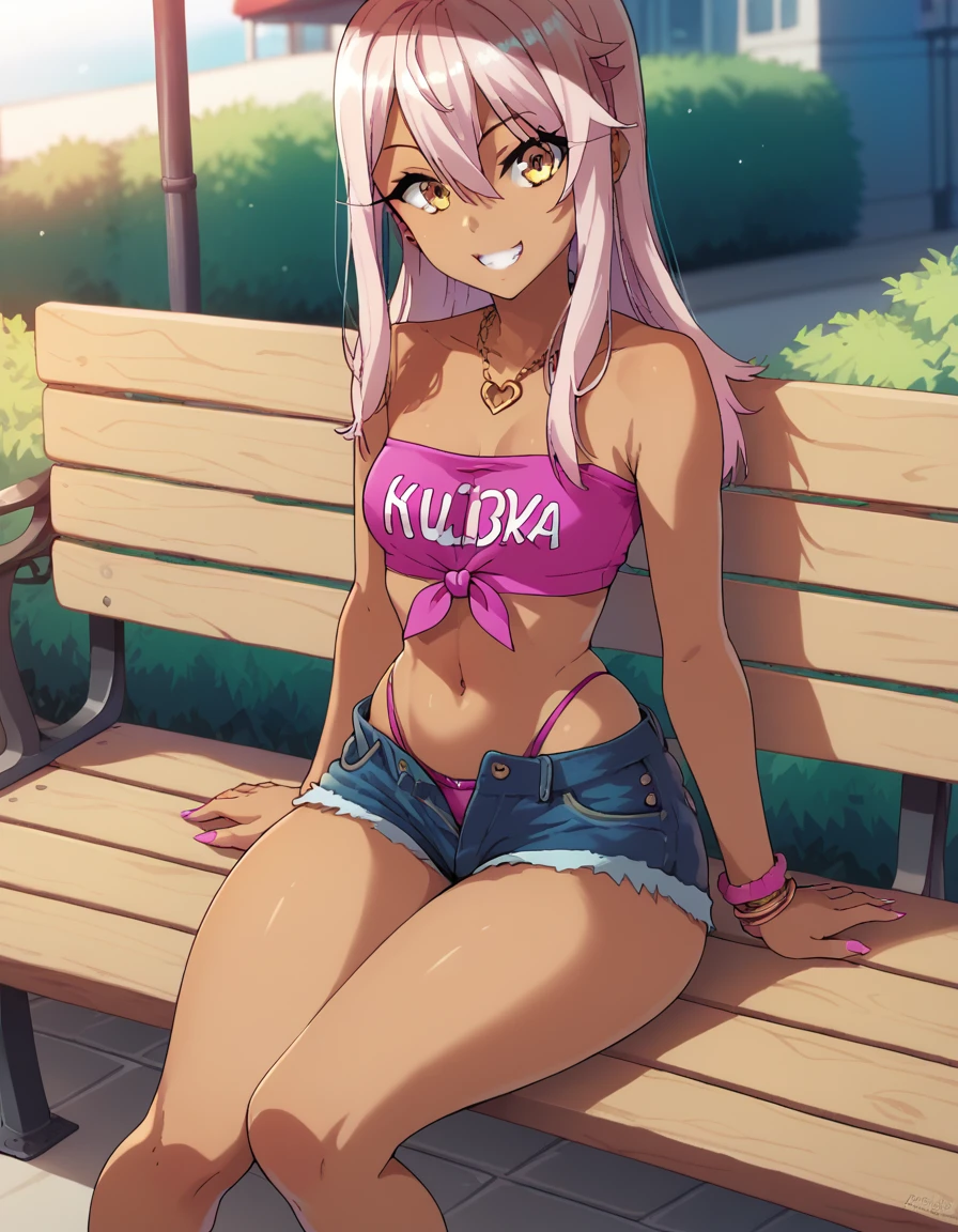 1girl,solo,smile,outdoor,midriff, pink tube top, denim hotpants, open fly, beld, gyaru clothes, thighighs,sitting,bench, chloe,dark_skinned_female,dark_skin,long_hair,pink_hair,yellow_eyes,hair_between_eyes,white_hair,bangs,small_breasts, young girl, ****, takeda hiromitsu style, slender waist, nice hips, slut