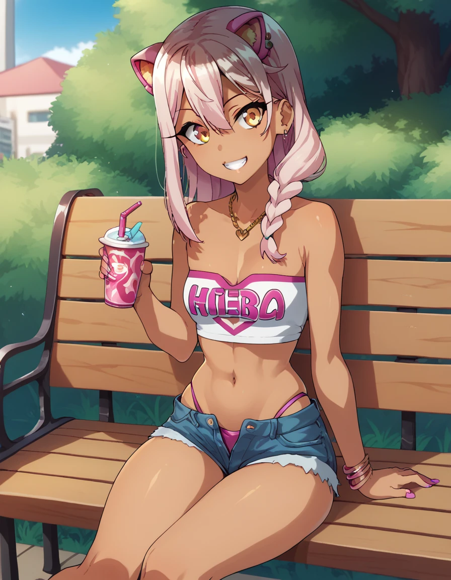 1girl,solo,smile,outdoor,midriff, pink tube top, denim hotpants, open fly, beld, gyaru clothes, thighighs,sitting,bench, chloe,dark_skinned_female,dark_skin,long_hair,pink_hair,yellow_eyes,hair_between_eyes,white_hair,bangs,small_breasts, young girl, ****, takeda hiromitsu style, slender waist, nice hips, slut