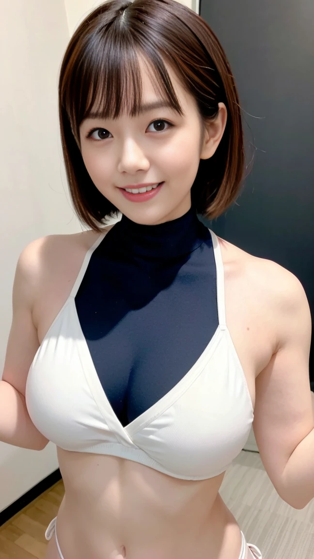 ((Best Quality、8k、masterpiece:1.3)),  upper body, Long legs,  sharp concentration :1.2,  beautiful woman with perfect figure:1.4,  slim abs :1.1, The background is a stylish cafe, (( shortcut、Big Breasts:1.2)), (  she is wearing a sleeveless turtleneck made of white sweater material., Wearing denim skinny pants , A protruding belly button, はち切れんばかりのBig Breasts, Alluring cleavage, Chest is open,  thin and tight waist , Big soft ass, カメラ目線で laughing:1.2),  High Definition Face and Skin Texture , Detailed eyes, double eyelid, 25-year-old woman,  mature women,  laughing