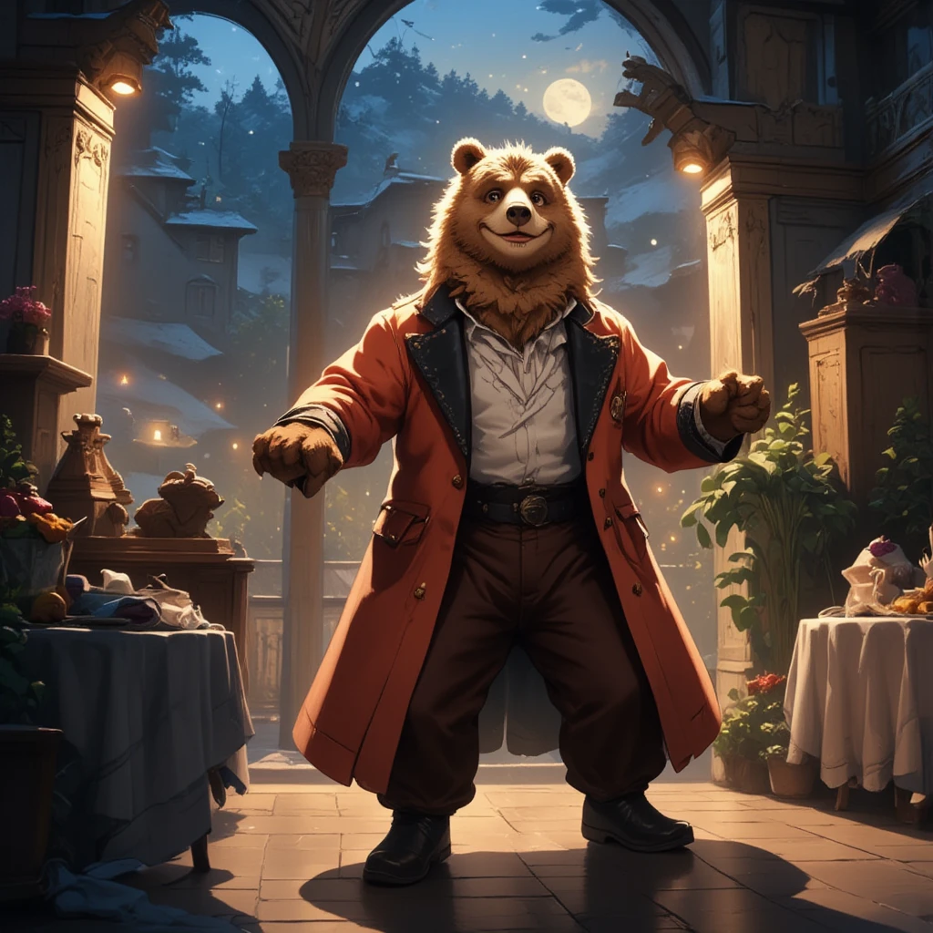 masquerade, a middle-aged bear man, light smile, clothed, flamboyant, pants, boots, beautiful mask, tailcoat, dancing, detailed painting landscape, moonlit night, grand ballroom, indoor, BREAK full body in Michelangelo Buonarroti style, housamo style, digital illustration anime, character focus, full body, looking away, dynamic angle, niji6, BREAK complete anatomy, perfect proportions, beautiful thigh gap, fluffy body, intricate fur details, beautiful fur texture, BREAK (a detailed bear 1tail), detailed boots, beautiful foot, detailed hands, 5fingers, 5fingers nails, BREAK aesthetic anime face, insanity detailed face, male face, big face, square jawline, aesthetic anime eyes, detailed brown eyes, detailed brown cornea, detailed dark brown irises, detailed pupils, male eyes, big eyes, male eyebrows, innocent look, beautiful beard, BREAK masterpiece, official art, best quality, very aesthetic, absurdres, super fine illustration, great quality, BREAK noise reduction, very highres, large filesize, high quality, 32K, 8k wallpaper, dynamic lighting, BREAK insanity detailed, ultra detailed, intricate details, extremely detailed, detailed texture, an extremely delicate and beautiful, full color, HDR, BREAK e621 illustration, osukemo, kemohomo, anthropomorphic, furry, cartoon, harmonious eyes, pastoral face, virtuous body, epic atmosphere