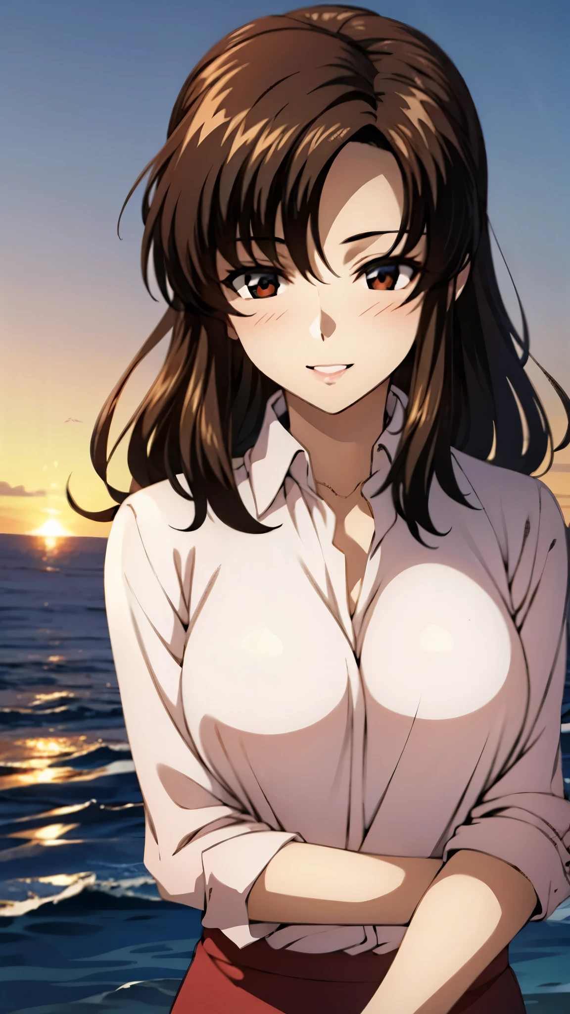 （super high quality, super high resolution ,16k,super masterpiece,Ultra HD ,Detailed shading and background,）Upper body photo,One sexy mature woman is looking straight ahead,long brown hair ,（Long-sleeved pink shirt unbuttoned and unfolded, red pencil skirt,）Open your lips a little,smile,blush,Ocean background with a view of the sunset,Hair lifted by the wind,Hold your hair with your hands,