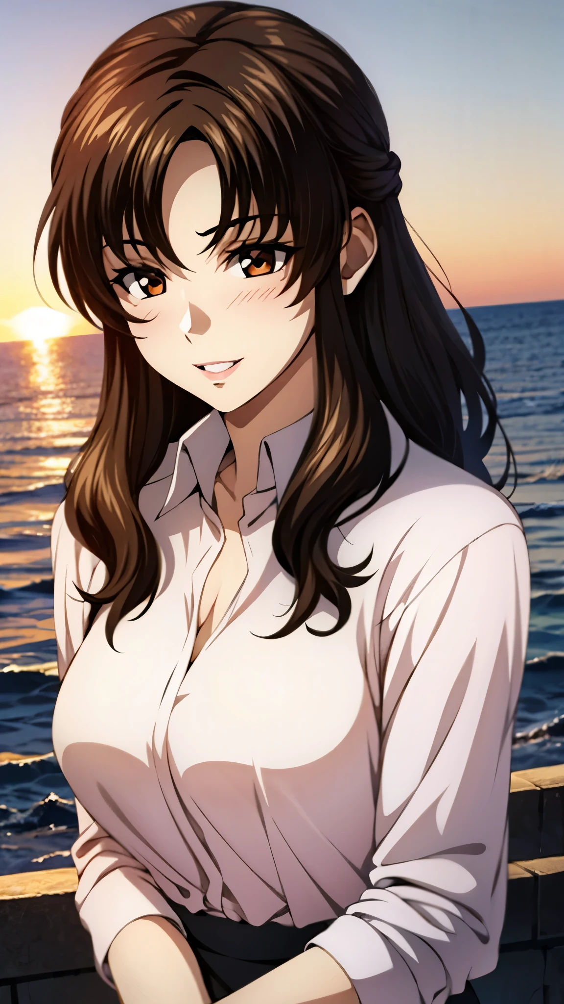 （super high quality, super high resolution ,16k,super masterpiece,Ultra HD ,Detailed shading and background,）Upper body photo,One sexy mature woman is looking straight ahead,long brown hair ,（Long-sleeved pink shirt unbuttoned and unfolded, red pencil skirt,）Open your lips a little,smile,blush, ocean background with a view of the sunset,Hair lifted by the wind,Hold your hair with your hands,