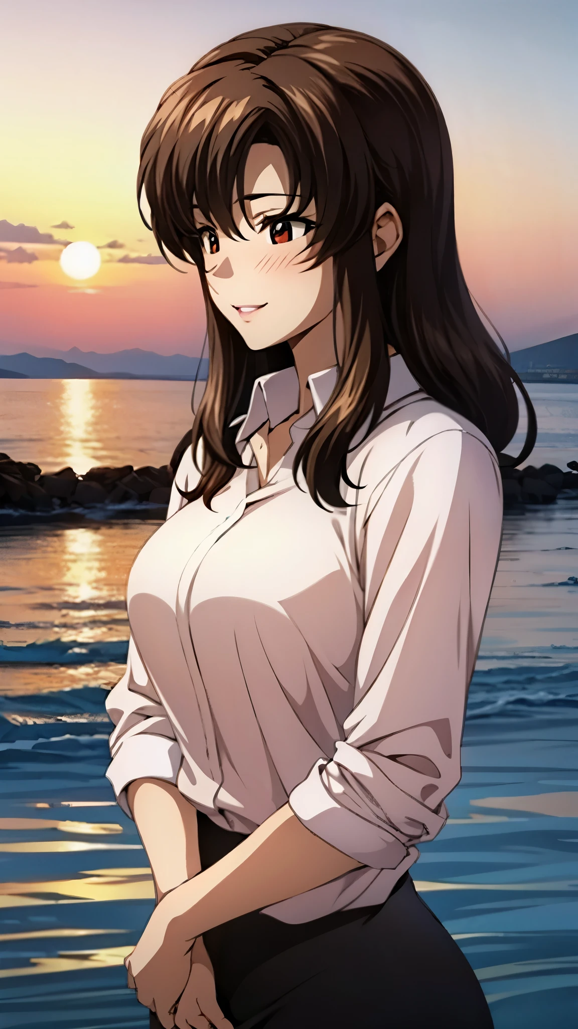 （super high quality, super high resolution ,16k,super masterpiece,Ultra HD ,Detailed shading and background,）Upper body photo,One sexy mature woman is looking straight ahead,long brown hair ,（Long-sleeved pink shirt unbuttoned and unfolded, red pencil skirt,）Open your lips a little,smile,blush, ocean background with a view of the sunset,Hair lifted by the wind,Hold your hair with your hands,