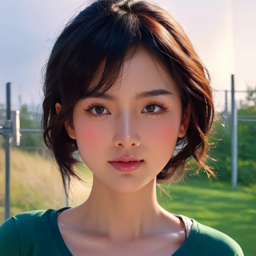 "Create realistic digital images of,Asian woman with a round face, Glowing Pink Body , Red cheeksอมชมพู, Black hair,Ponytail,A 2 meter long scissor baggy hair ,My hair flutters in the wind., Red cheeks,  wearing a blue-white camouflage T-shirt ,  with black lettering. The scene is outdoor, with a green background, and she is standing in front of a fence or a wooden wall. The atmosphere is serene and intimate by Natural light enhances the soft look and gives it a refreshing and approachable feel."High quality photos, 3d, 16k, Portrait photography, การถ่ายmovies, movies, 