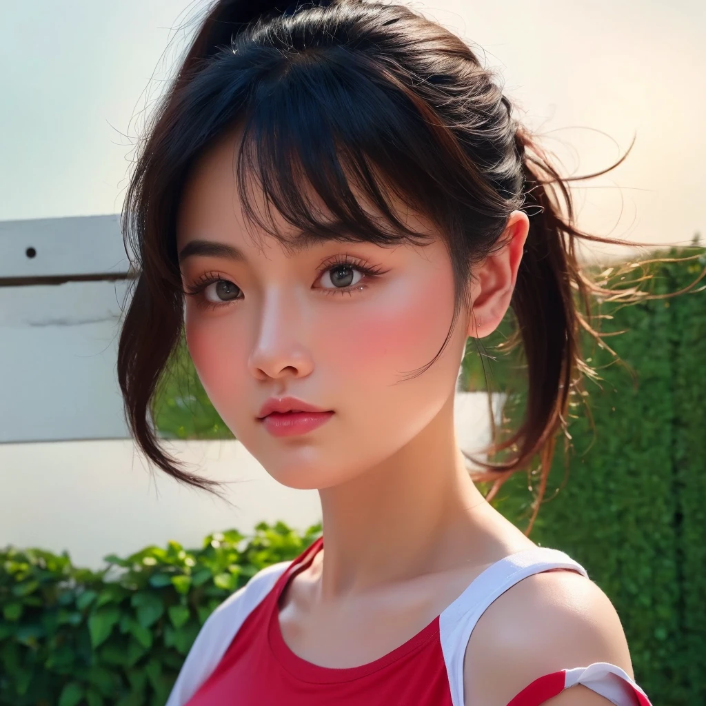 "Create realistic digital images of,Asian woman with a round face, Glowing Pink Body , Red cheeksอมชมพู, Black hair,Ponytail,A 2 meter long scissor baggy hair ,My hair flutters in the wind., Red cheeks,  wearing a blue-white camouflage T-shirt ,  with black lettering. The scene is outdoor, with a green background, and she is standing in front of a fence or a wooden wall. The atmosphere is serene and intimate by Natural light enhances the soft look and gives it a refreshing and approachable feel."High quality photos, 3d, 16k, Portrait photography, การถ่ายmovies, movies, 