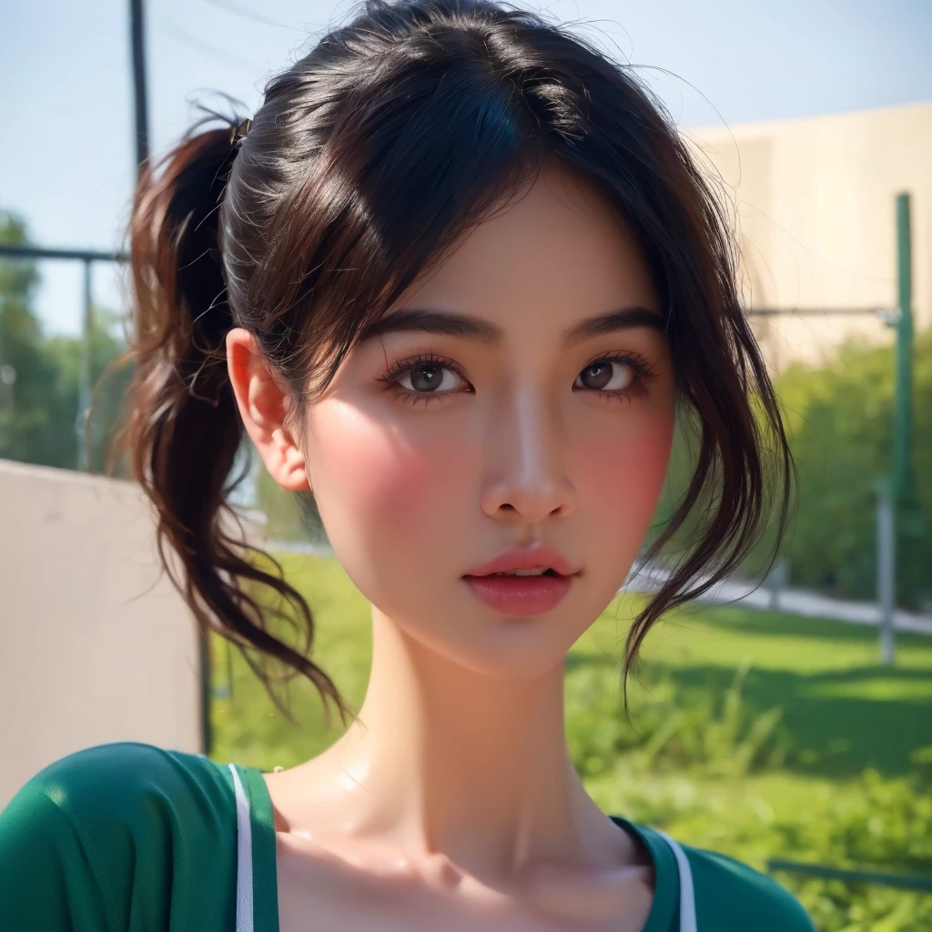 "Create realistic digital images of,Asian woman with a round face, Glowing Pink Body , Red cheeksอมชมพู, Black hair,Ponytail,A 2 meter long scissor baggy hair ,My hair flutters in the wind., Red cheeks,  wearing a blue-white camouflage T-shirt ,  with black lettering. The scene is outdoor, with a green background, and she is standing in front of a fence or a wooden wall. The atmosphere is serene and intimate by Natural light enhances the soft look and gives it a refreshing and approachable feel."High quality photos, 3d, 16k, Portrait photography, การถ่ายmovies, movies, 