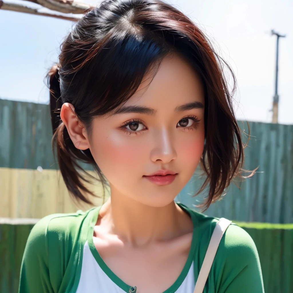 "Create realistic digital images of,Asian woman with a round face, Glowing Pink Body , Red cheeksอมชมพู, Black hair,Ponytail,A 2 meter long scissor baggy hair ,My hair flutters in the wind., Red cheeks,  wearing a blue-white camouflage T-shirt ,  with black lettering. The scene is outdoor, with a green background, and she is standing in front of a fence or a wooden wall. The atmosphere is serene and intimate by Natural light enhances the soft look and gives it a refreshing and approachable feel."High quality photos, 3d, 16k, Portrait photography, การถ่ายmovies, movies, 