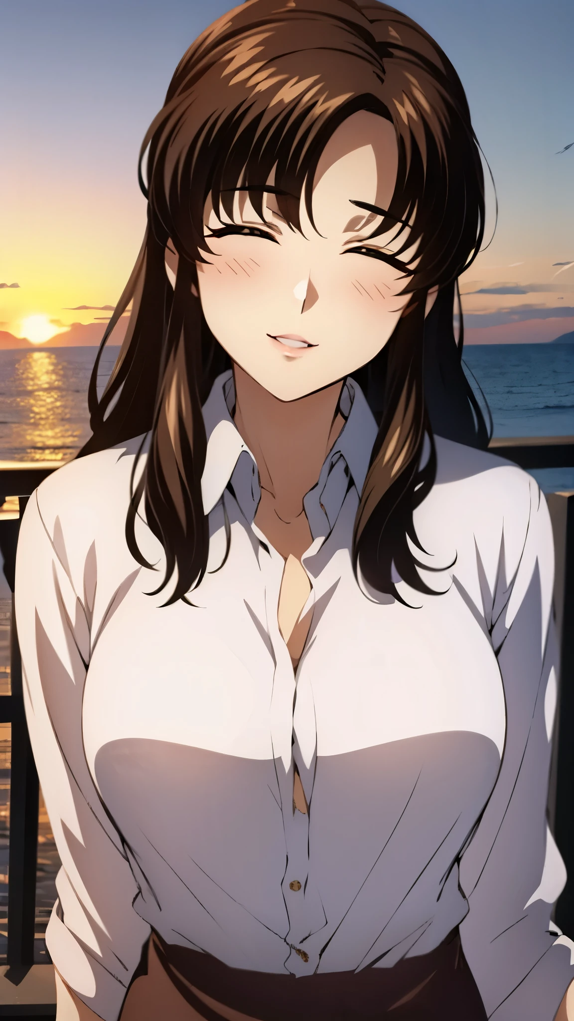 （super high quality, super high resolution ,16k,super masterpiece,Ultra HD ,Detailed shading and background,）Upper body photo,One sexy mature woman is looking straight ahead,long brown hair ,（Long-sleeved pink shirt unbuttoned and unfolded, red pencil skirt,）Open your lips a little,smile,blush, ocean background with a view of the sunset,Spread your hands wide in front of you,