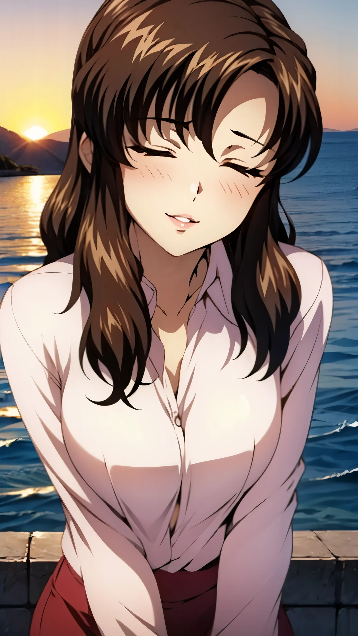 （super high quality, super high resolution ,16k,super masterpiece,Ultra HD ,Detailed shading and background,）Upper body photo,One sexy mature woman is looking straight ahead,long brown hair ,（Long-sleeved pink shirt unbuttoned and unfolded, red pencil skirt,）Open your lips a little,smile,blush, ocean background with a view of the sunset,Spread your hands wide in front of you,