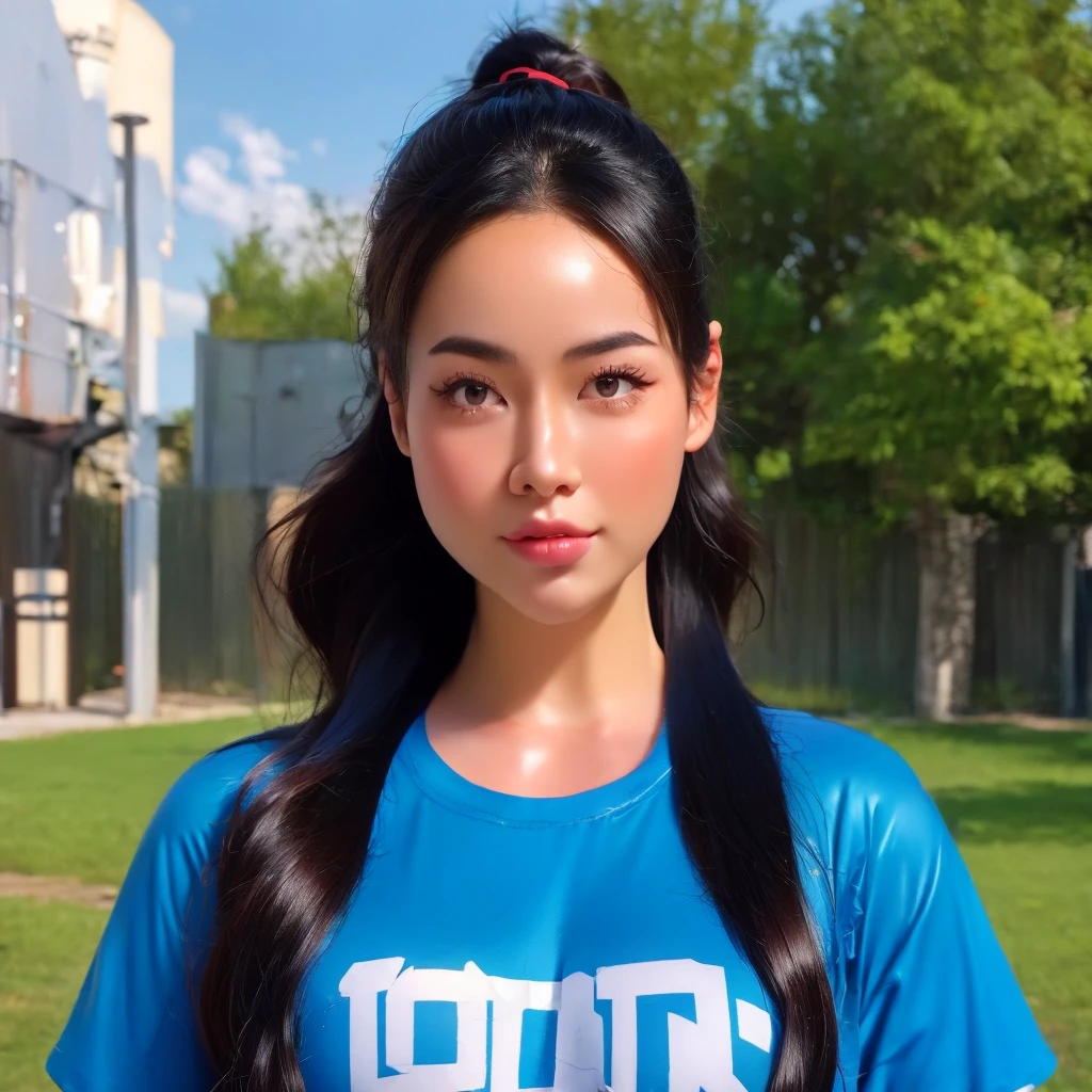 "Create realistic digital images of,Asian woman with a round face, Glowing Pink Body ,  white skin like glazed tiles, Red cheeksอมชมพู, Black hair,Ponytail, long hair is a crumb floor 2 meters long ,My hair flutters in the wind., Red cheeks,  wearing a blue-white camouflage T-shirt ,  with black lettering. The scene is outdoor, with a green background, and she is standing in front of a fence or a wooden wall. The atmosphere is serene and intimate by Natural light enhances the soft look and gives it a refreshing and approachable feel."High quality photos, 3d, 16k, Portrait photography,Glow light , การถ่ายmovies, movies, 