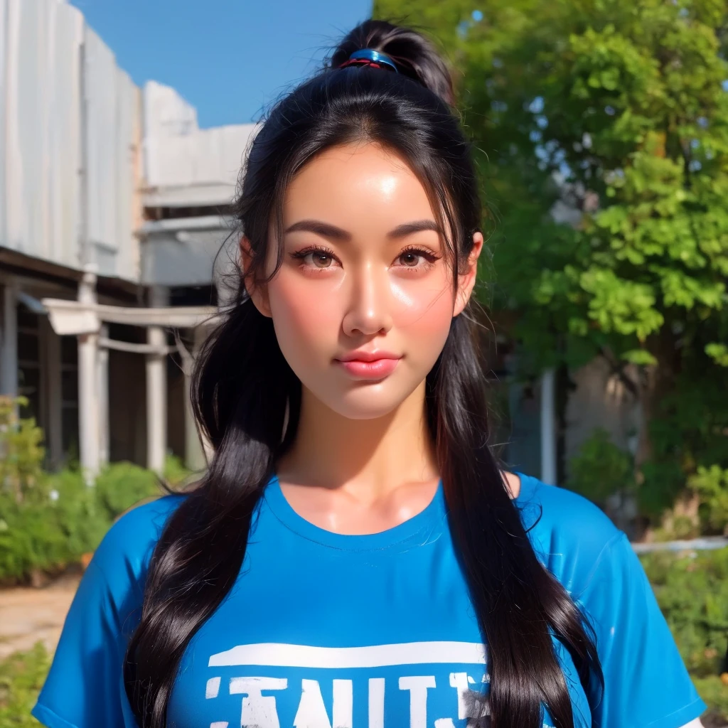 "Create realistic digital images of,Asian woman with a round face, Glowing Pink Body ,  white skin like glazed tiles, Red cheeksอมชมพู, Black hair,Ponytail, long hair is a crumb floor 2 meters long ,My hair flutters in the wind., Red cheeks,  wearing a blue-white camouflage T-shirt ,  with black lettering. The scene is outdoor, with a green background, and she is standing in front of a fence or a wooden wall. The atmosphere is serene and intimate by Natural light enhances the soft look and gives it a refreshing and approachable feel."High quality photos, 3d, 16k, Portrait photography,Glow light , การถ่ายmovies, movies, 