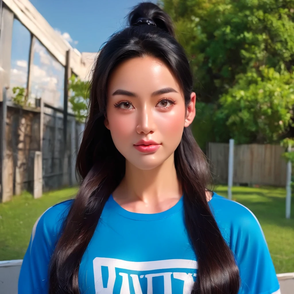 "Create realistic digital images of,Asian woman with a round face, Glowing Pink Body ,  white skin like glazed tiles, Red cheeksอมชมพู, Black hair,Ponytail, long hair is a crumb floor 2 meters long ,My hair flutters in the wind., Red cheeks,  wearing a blue-white camouflage T-shirt ,  with black lettering. The scene is outdoor, with a green background, and she is standing in front of a fence or a wooden wall. The atmosphere is serene and intimate by Natural light enhances the soft look and gives it a refreshing and approachable feel."High quality photos, 3d, 16k, Portrait photography,Glow light , การถ่ายmovies, movies, 