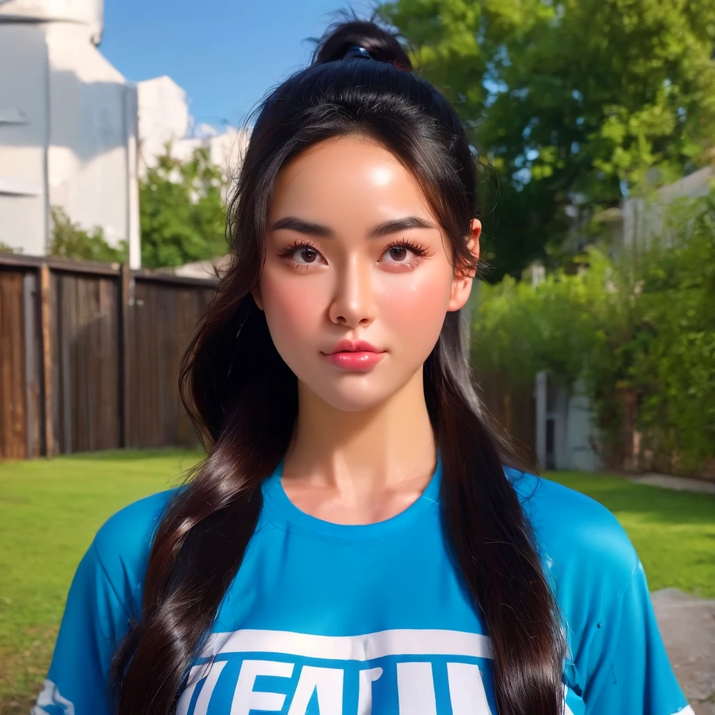 "Create realistic digital images of,Asian woman with a round face, Glowing Pink Body ,  white skin like glazed tiles, Red cheeksอมชมพู, Black hair,Ponytail, long hair is a crumb floor 2 meters long ,My hair flutters in the wind., Red cheeks,  wearing a blue-white camouflage T-shirt ,  with black lettering. The scene is outdoor, with a green background, and she is standing in front of a fence or a wooden wall. The atmosphere is serene and intimate by Natural light enhances the soft look and gives it a refreshing and approachable feel."High quality photos, 3d, 16k, Portrait photography,Glow light , การถ่ายmovies, movies, 