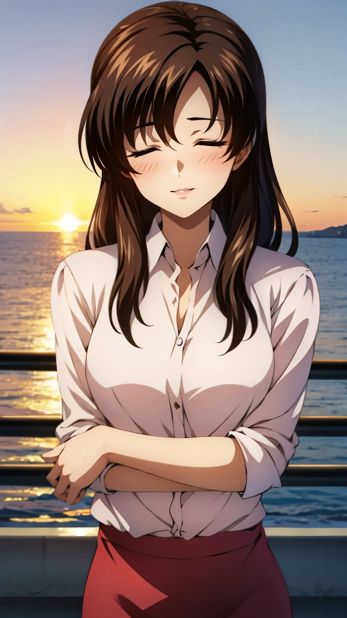 （super high quality, super high resolution ,16k,super masterpiece,Ultra HD ,Detailed shading and background,）Upper body photo,One sexy mature woman is looking straight ahead,long brown hair ,（Long-sleeved pink shirt unbuttoned and unfolded, red pencil skirt,）Open your lips a little,smile,blush, ocean background with a view of the sunset,Spread your hands wide in front of you,