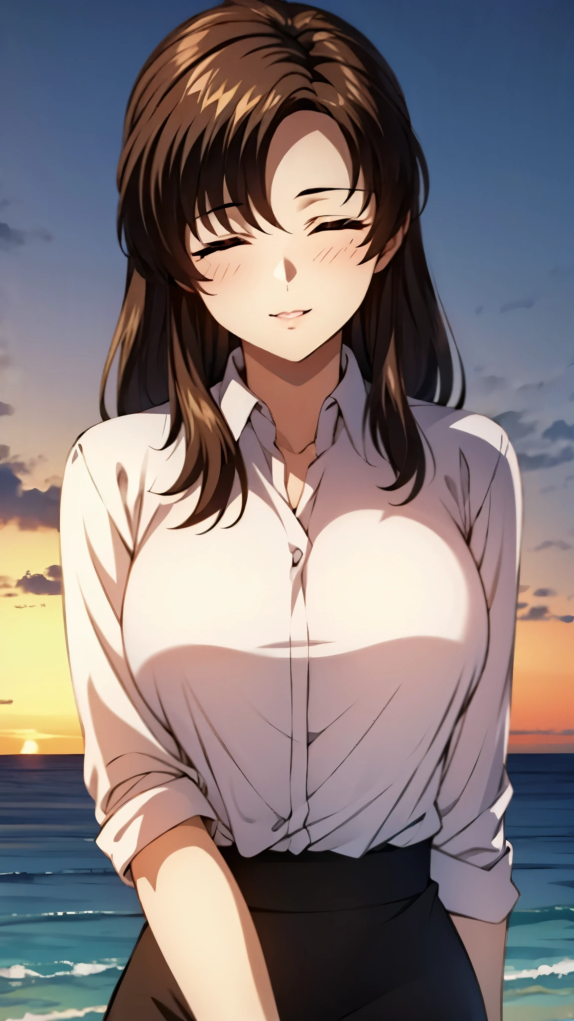 （super high quality, super high resolution ,16k,super masterpiece,Ultra HD ,Detailed shading and background,）Upper body photo,One sexy mature woman is looking straight ahead,long brown hair ,（Long-sleeved pink shirt unbuttoned and unfolded, red pencil skirt,）Open your lips a little,smile,blush, ocean background with a view of the sunset,Spread your hands wide in front of you,