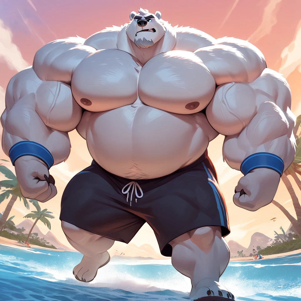 huge muscular polar bear in Tropical island beach, big grunting expression growl, polar bear, huge white fur, thick arm, huge arm, huge white fur, thick arm, huge arm, added gray mustache, added gray beard, short white hair, height: 220cm, weight: 440lbs, (veiny bulked up muscular, pectoral, wide pectoral, thick bulky arms), Walt Disney 2D Zootopia Animation Art Style, detailed gray eyebrows, detailed eyes with blue pupils, (wearing black swim trunks with blue slits, wristbands, shirtless, topless and feet), bouncing his pecs, flexing his biceps and his thorax