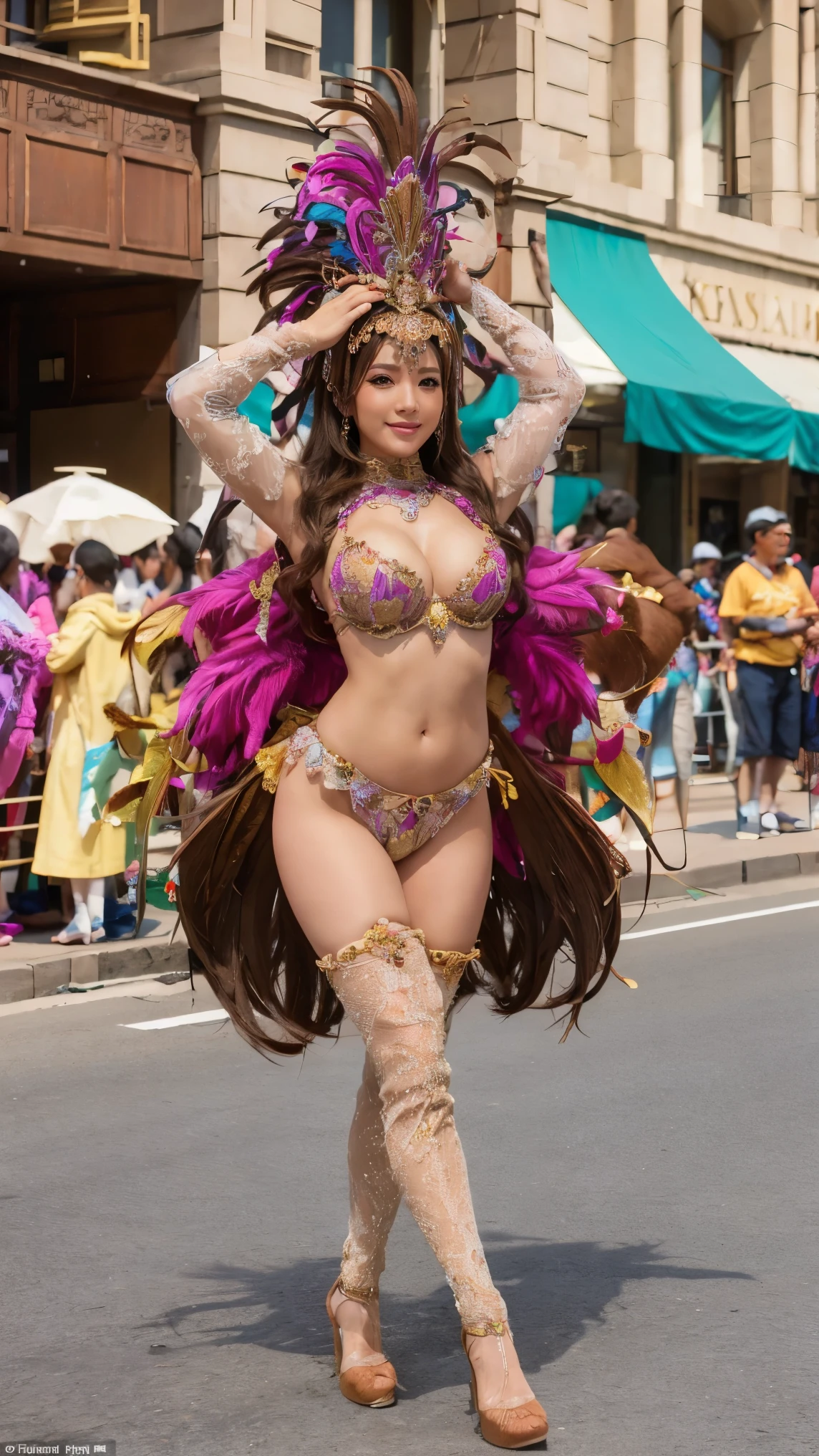 Araffe dressed in a costume walking down a street with a lot of feathers., cosplay adornado, Armadura de bikini ornamentada, exotic costumes, Armadura de bikini, Traje intrincado, Irelia de League of Legends, Hermoso disfraz, bikini-armadura, fancy suit, Hermosa diosa, her belly button is exposed, Diosa del verano, Symmetra de Overwatch, Disfraz elaborado