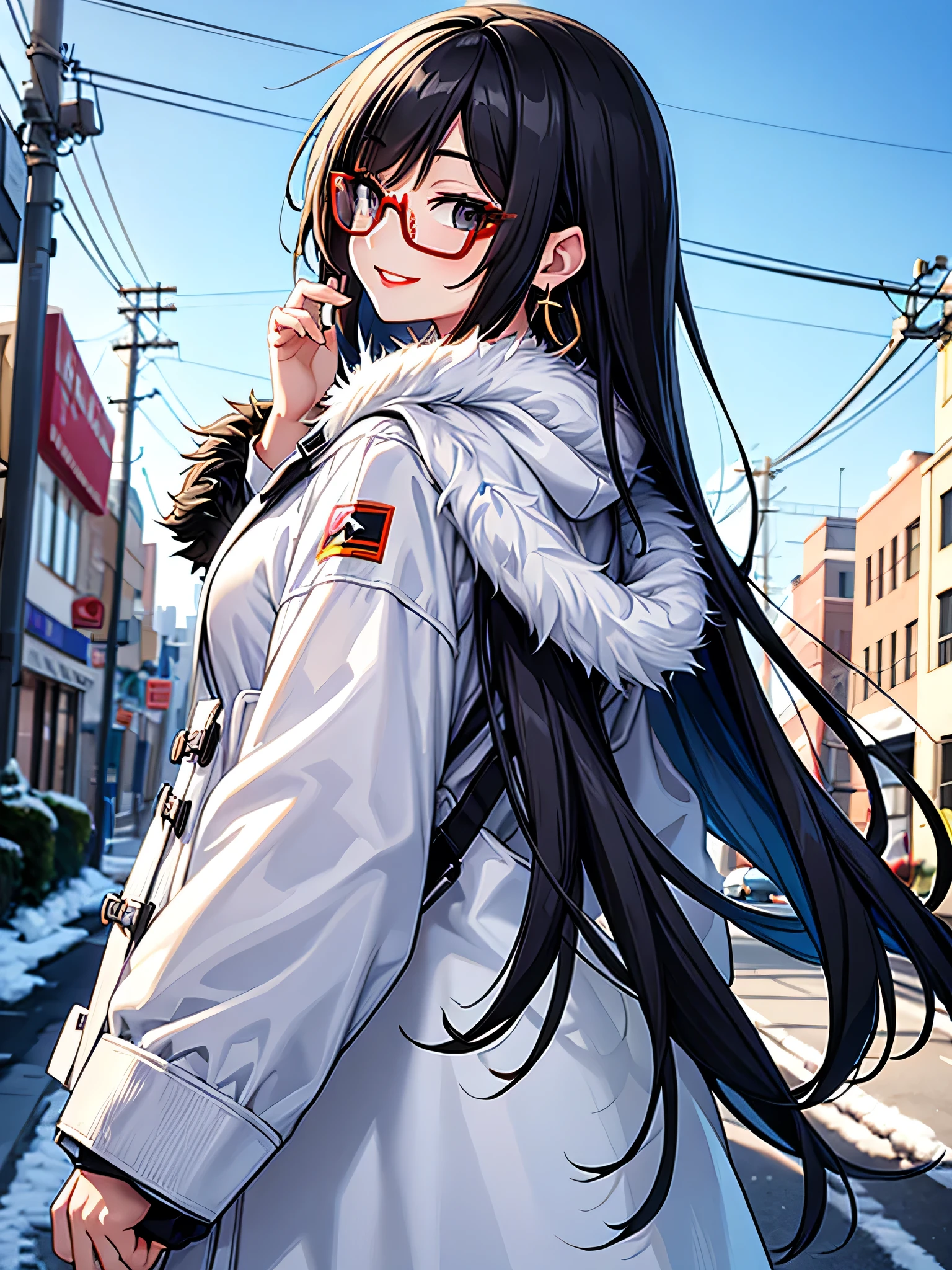 sam yang,, 1girl, animal, animal on shoulder, bird, black-framed eyewear, black eyes, black hair, blue sky, cityscape, clear sky, coat, day, earrings, eyewear hang, eyewear removed, fur coat, jacket, jewelry, long hair, looking to the side, outdoors, power lines, red lips, sky, smile, snow, solo, sunglasses, white bird, white coat, winter, winter clothes, , ((masterpiece))